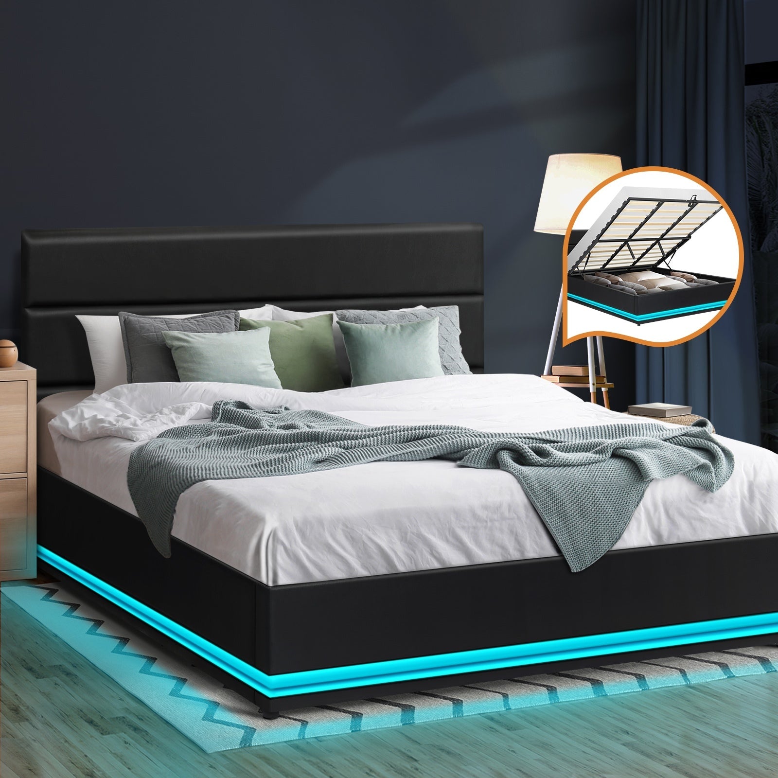 Oikiture RGB LED Bed Frame King Size Gas Lift Base With Storage Black Leather - Sunyee