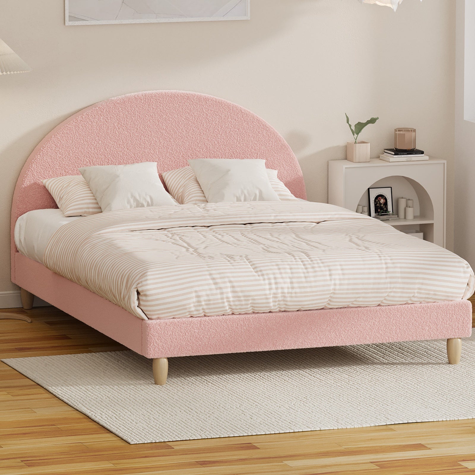 Oikiture Bed Frame Double Size Bed Platform Arched Bedhead Pink Boucle - Sunyee