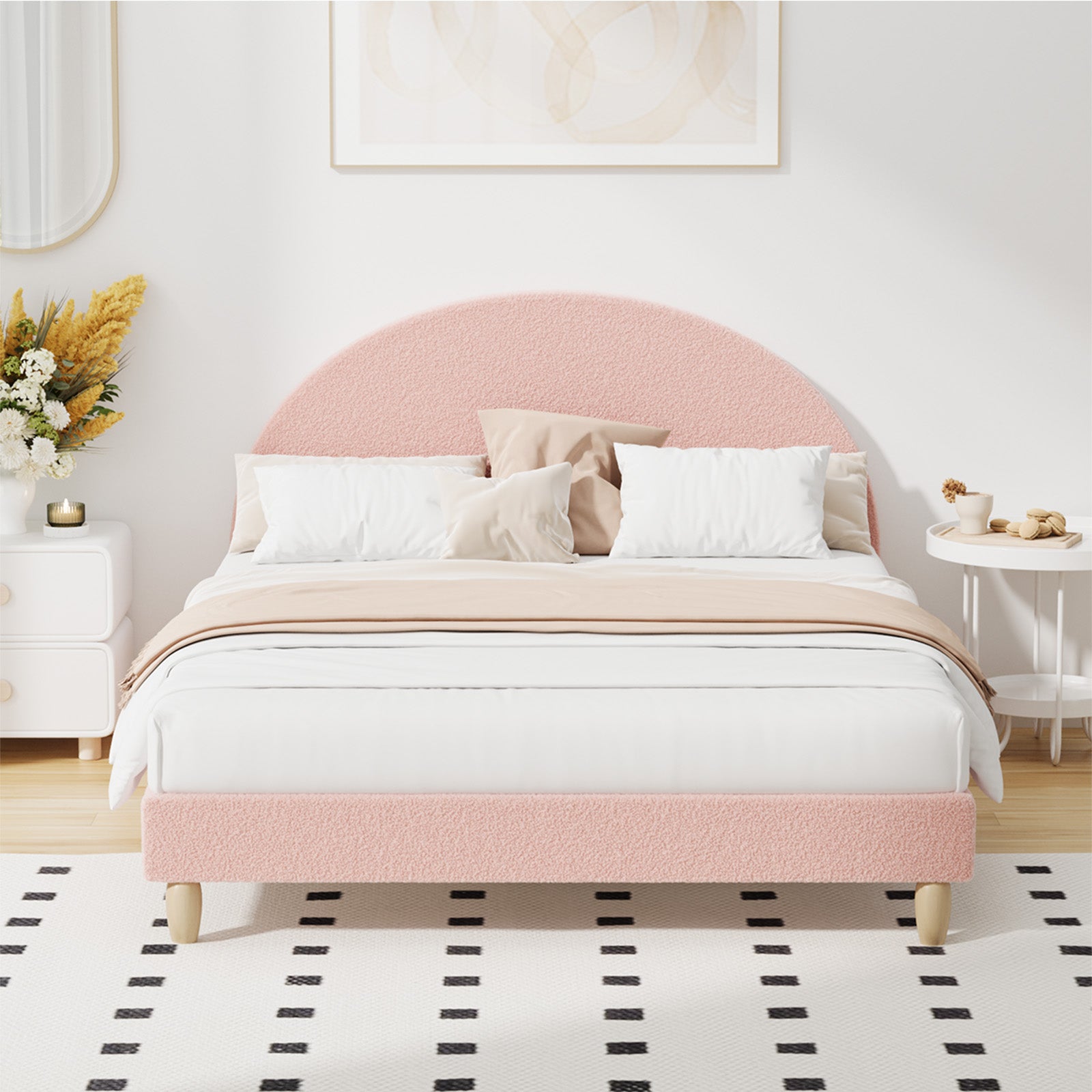 Oikiture Bed Frame Double Size Bed Platform Arched Bedhead Pink Boucle - Sunyee