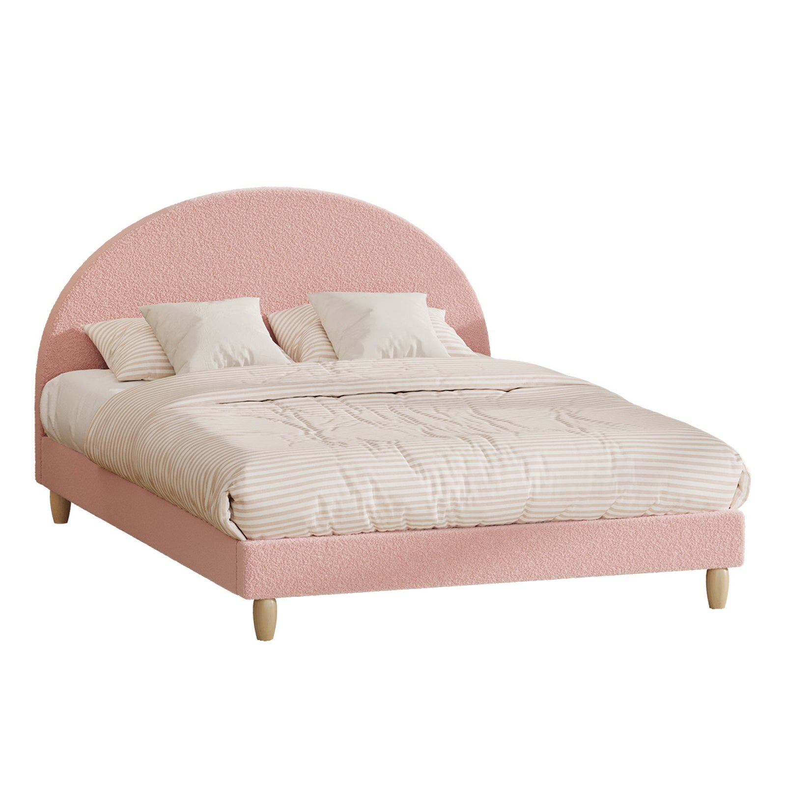 Oikiture Bed Frame Double Size Bed Platform Arched Bedhead Pink Boucle - Sunyee