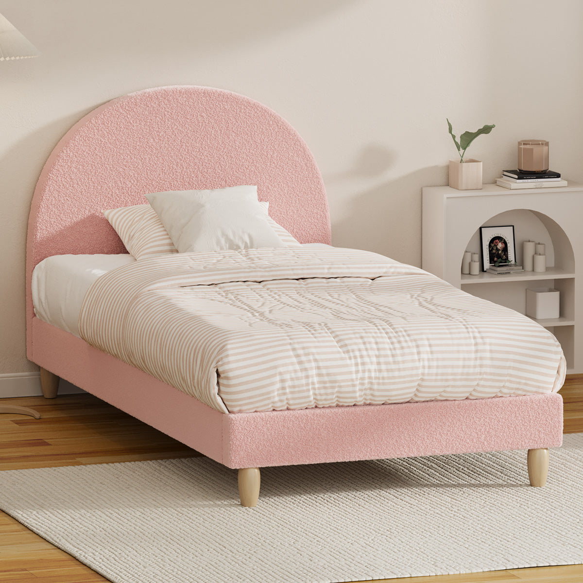 Oikiture Bed Frame Single Size Bed Platform Arched Bedhead Pink Boucle - Sunyee