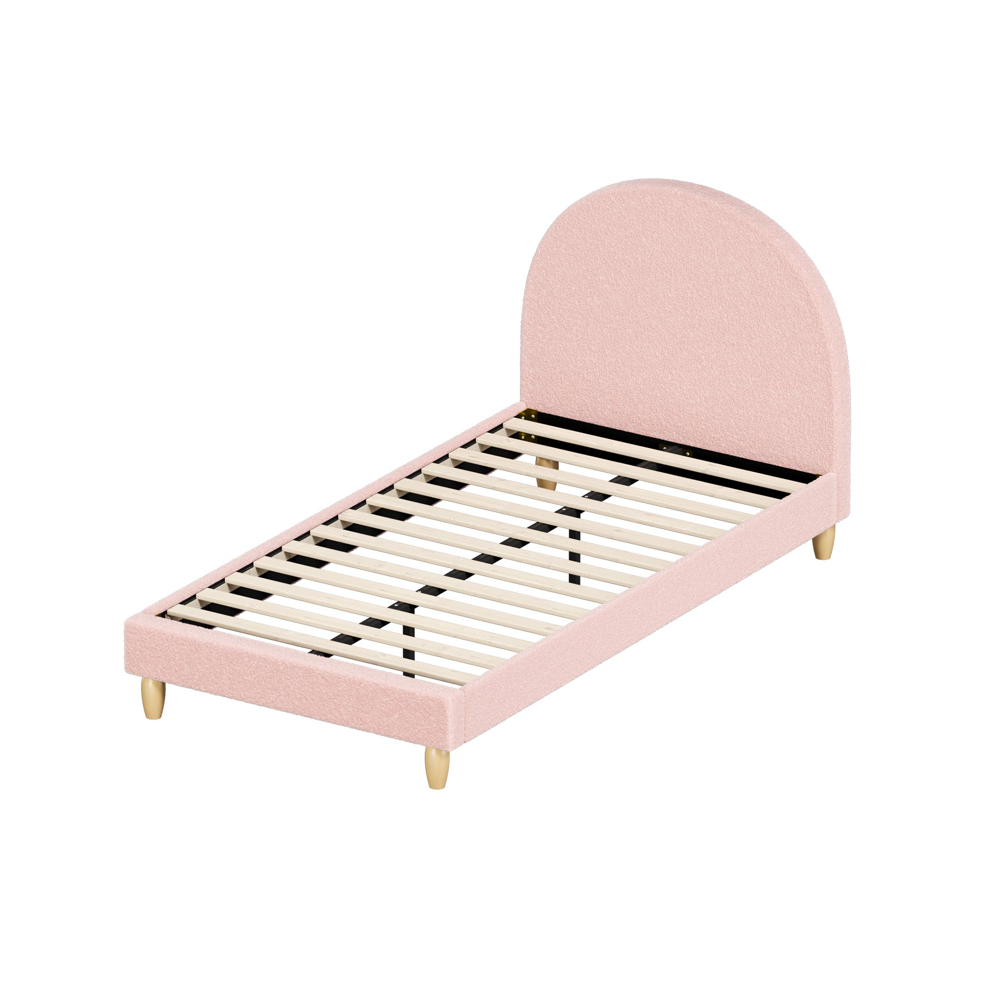 Oikiture Bed Frame Single Size Bed Platform Arched Bedhead Pink Boucle - Sunyee
