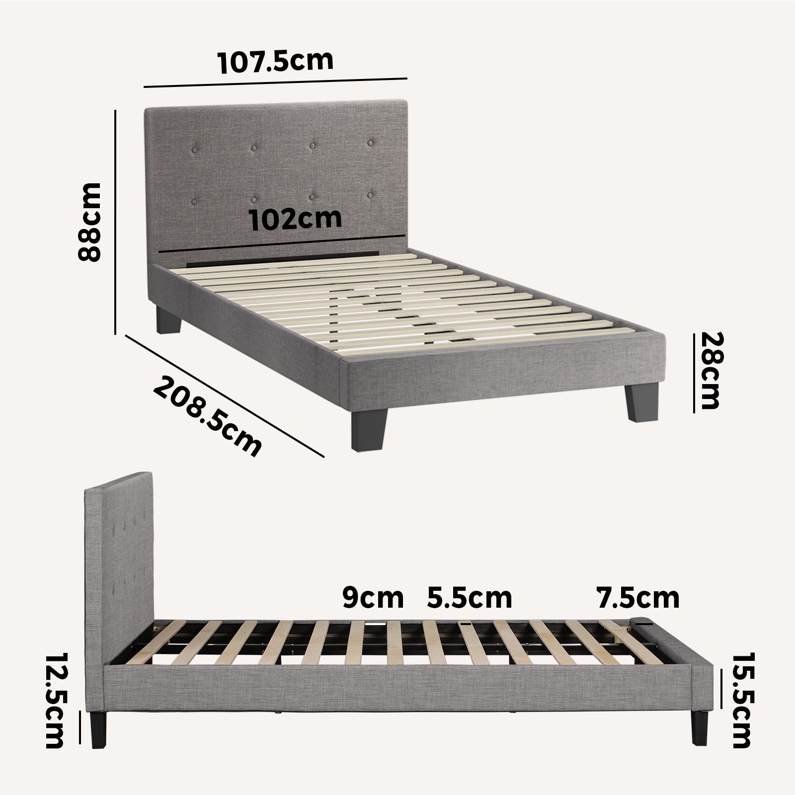 Oikiture Bed Frame King Single Bed Platform Wooden Fabric Grey - Sunyee