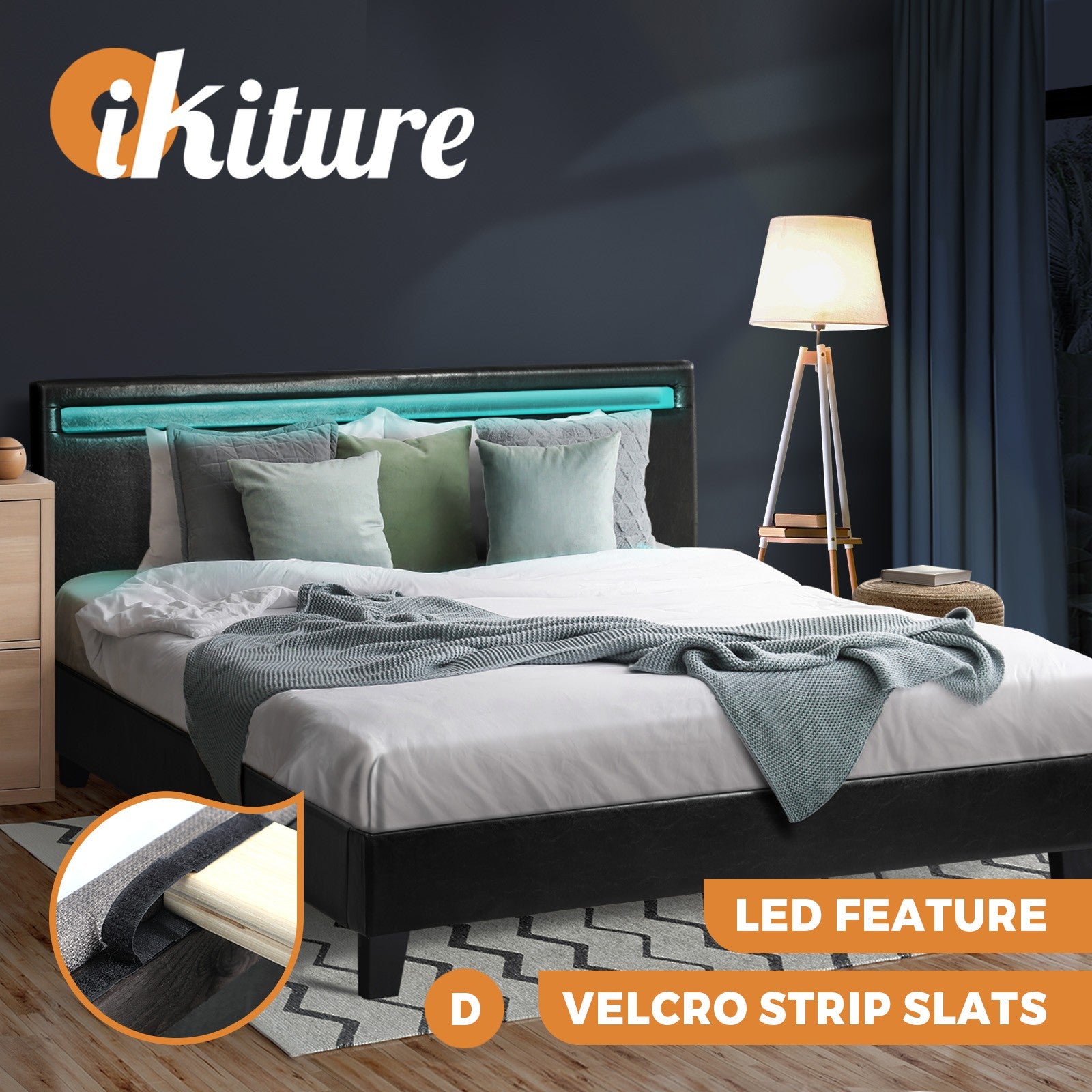 Oikiture Bed Frame RGB LED Queen Double King Wooden Slats Fabric Leather - Sunyee