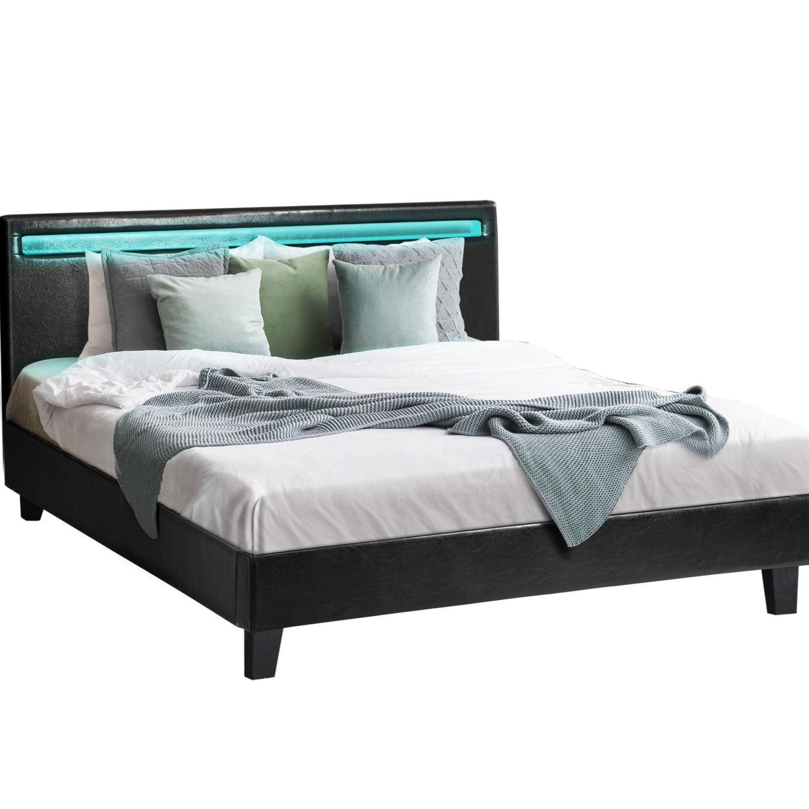 Oikiture Bed Frame RGB LED Queen Double King Wooden Slats Fabric Leather - Sunyee