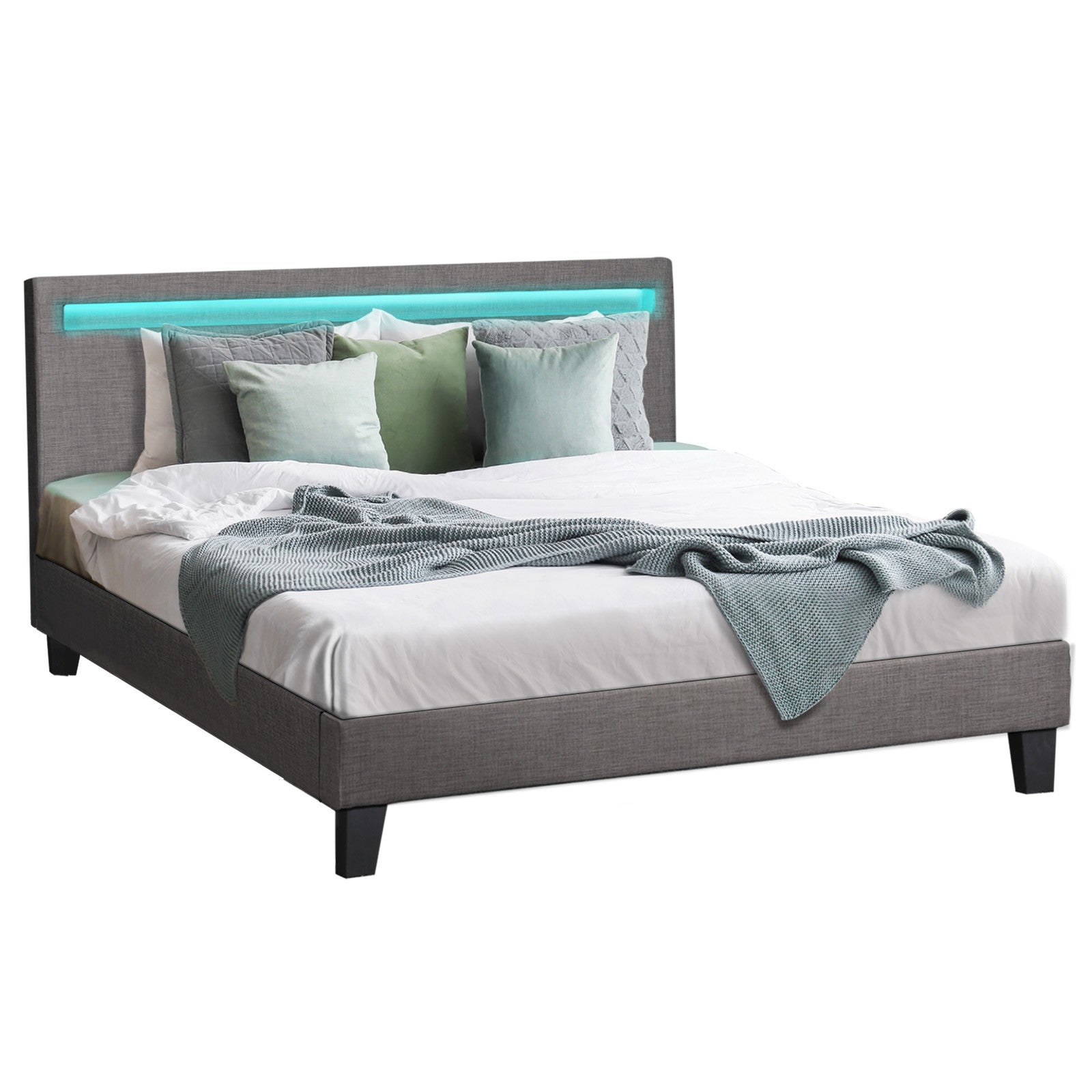 Oikiture Bed Frame RGB LED Queen Double King Wooden Slats Fabric Leather - Sunyee