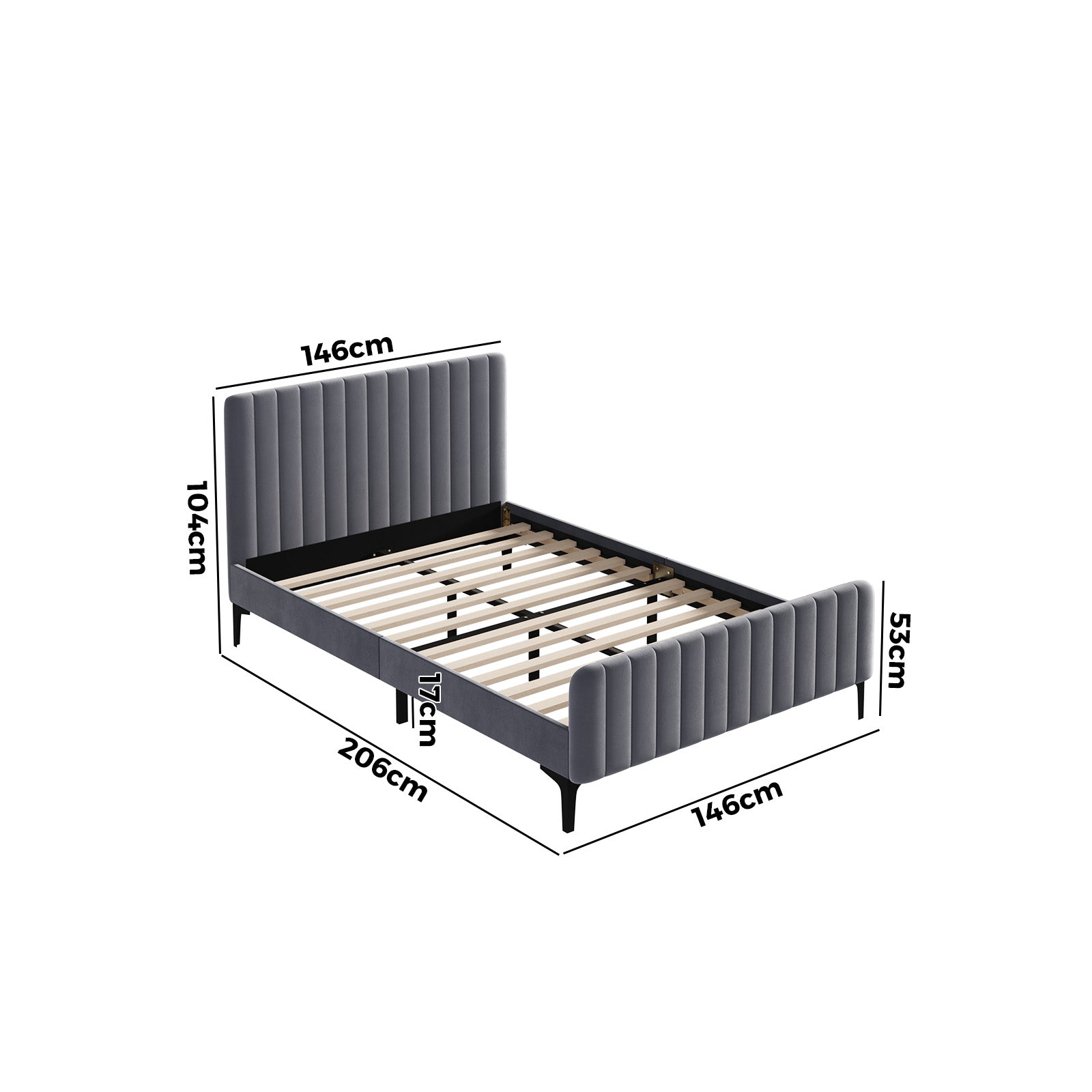 Oikiture Bed Frame Double Size Beds Platform Velvet Fabric Grey ROYO - Sunyee