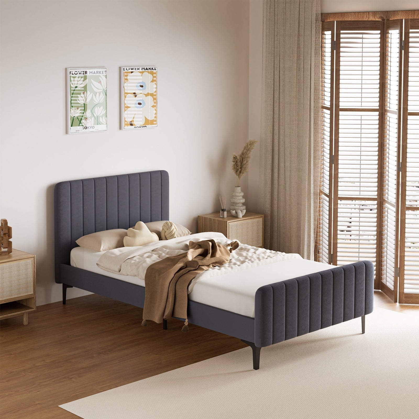 Oikiture Bed Frame Queen Double King Single Beds Platform Grey Velvet Fabric ROY - Sunyee