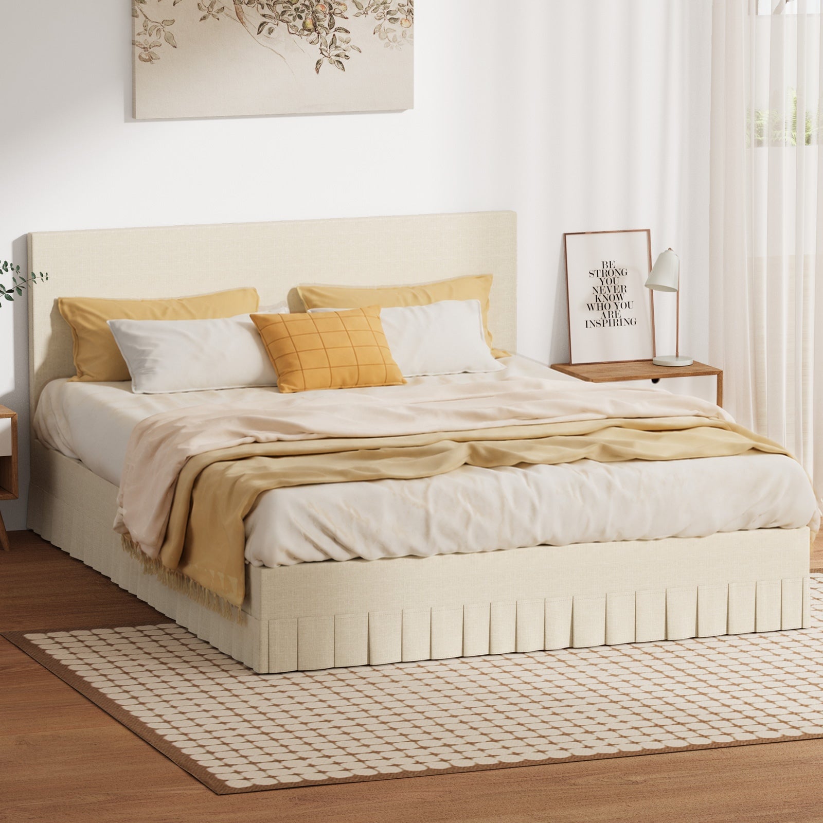Oikiture Bed Frame Queen Size Upholstered Headboard Platform Base Beige