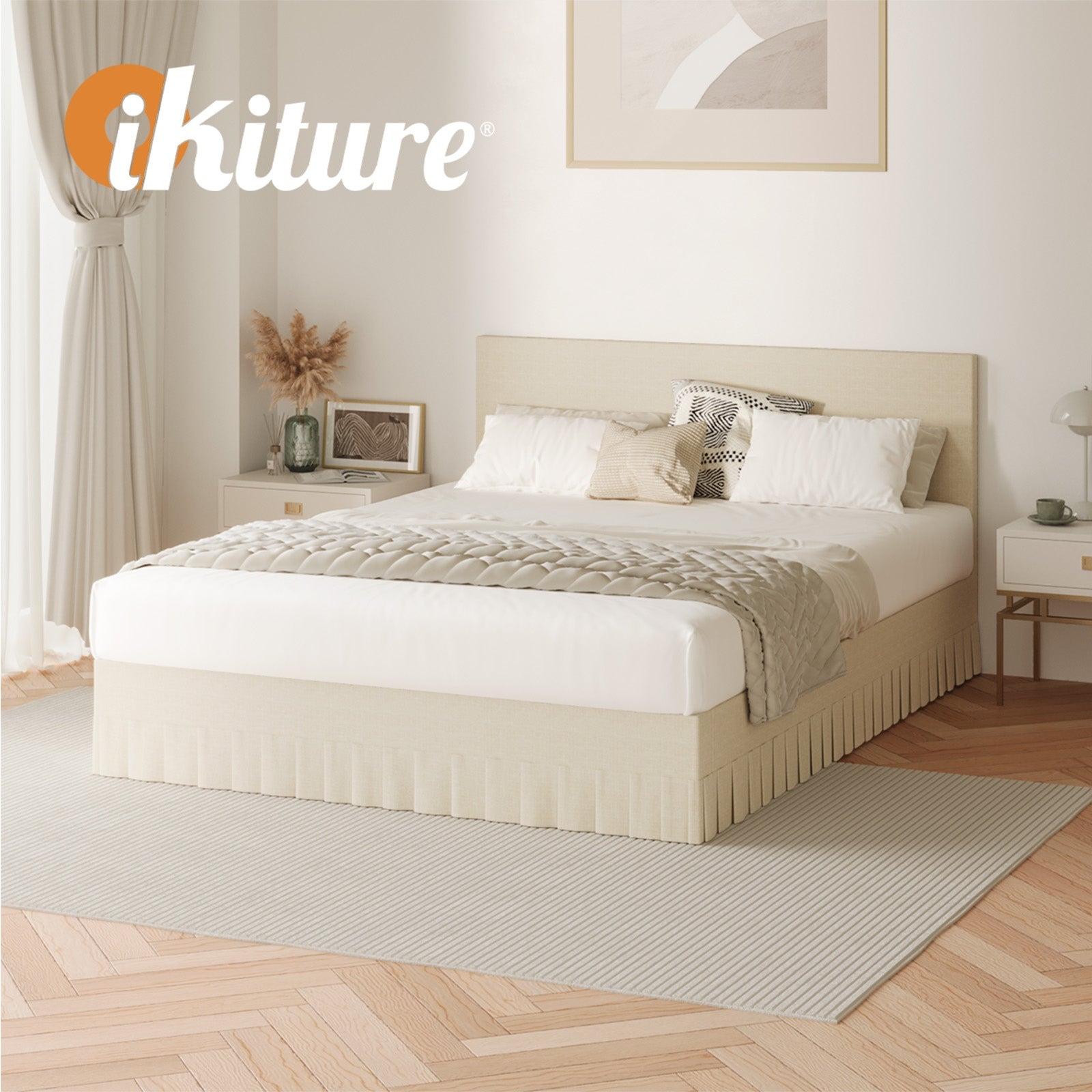 Oikiture Bed Frame Queen Size Upholstered Headboard Platform Base Beige