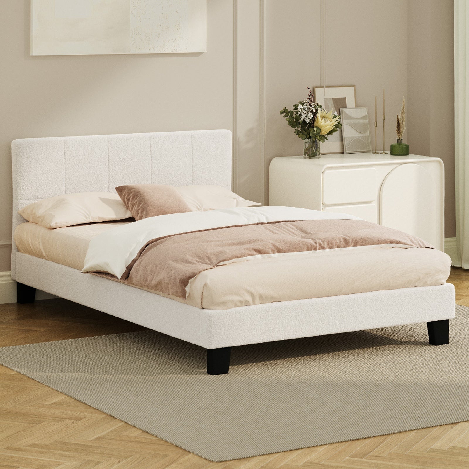 Oikiture Bed Frame Queen Double King Single Beds Base White Boucle TOFU - Sunyee