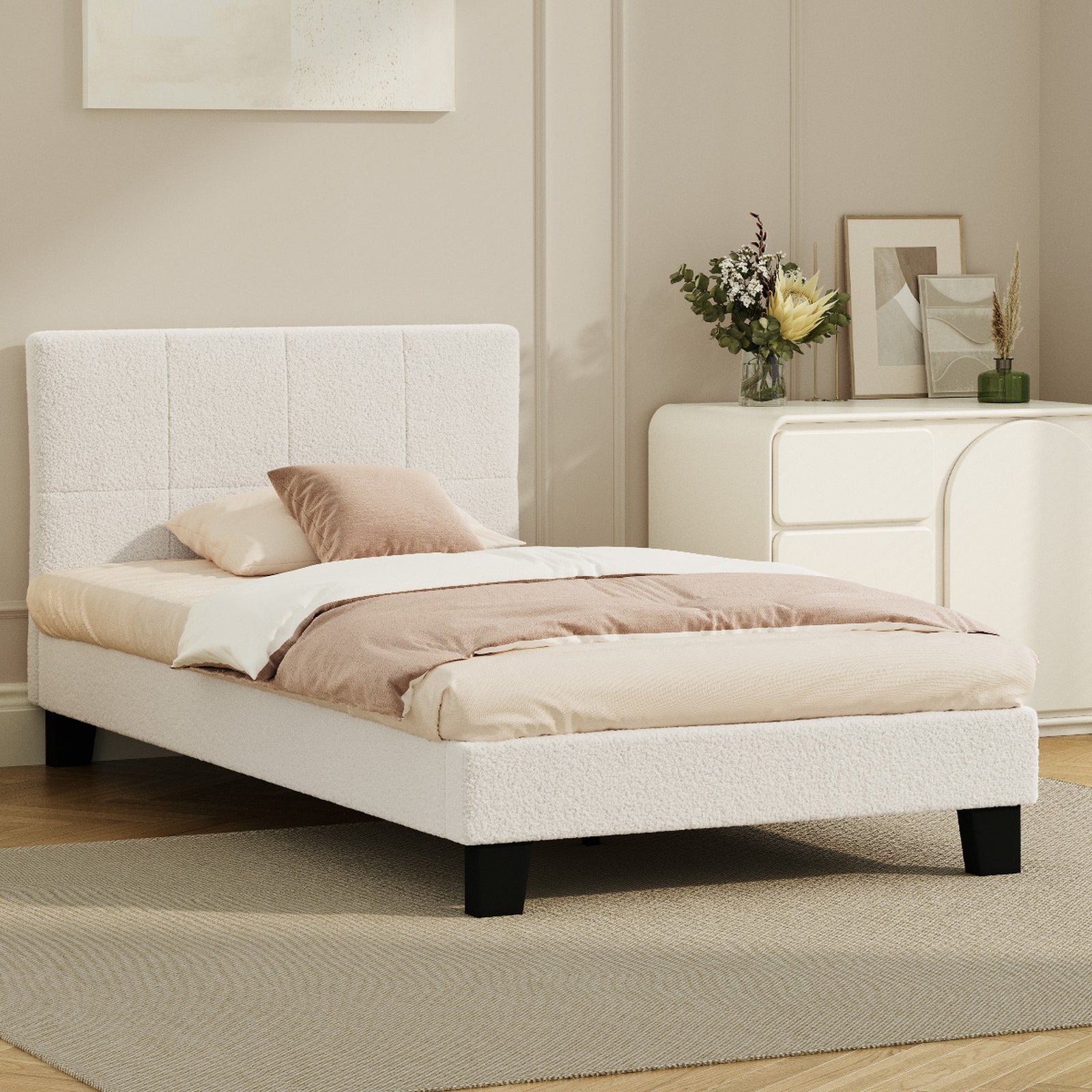 Oikiture Bed Frame Queen Double King Single Beds Base White Boucle TOFU - Sunyee