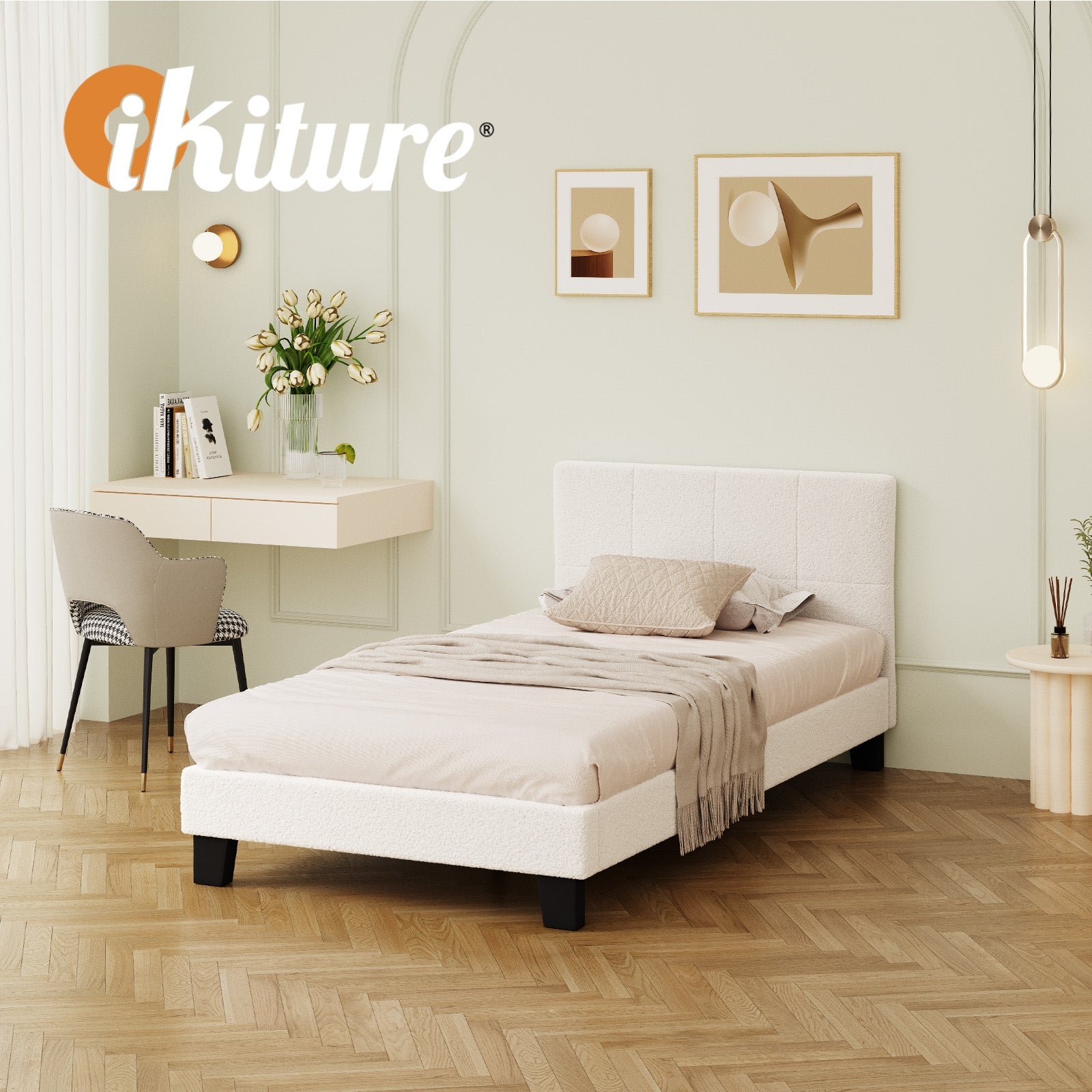 Oikiture Bed Frame Single Size Base White Boucle TOFU - Sunyee