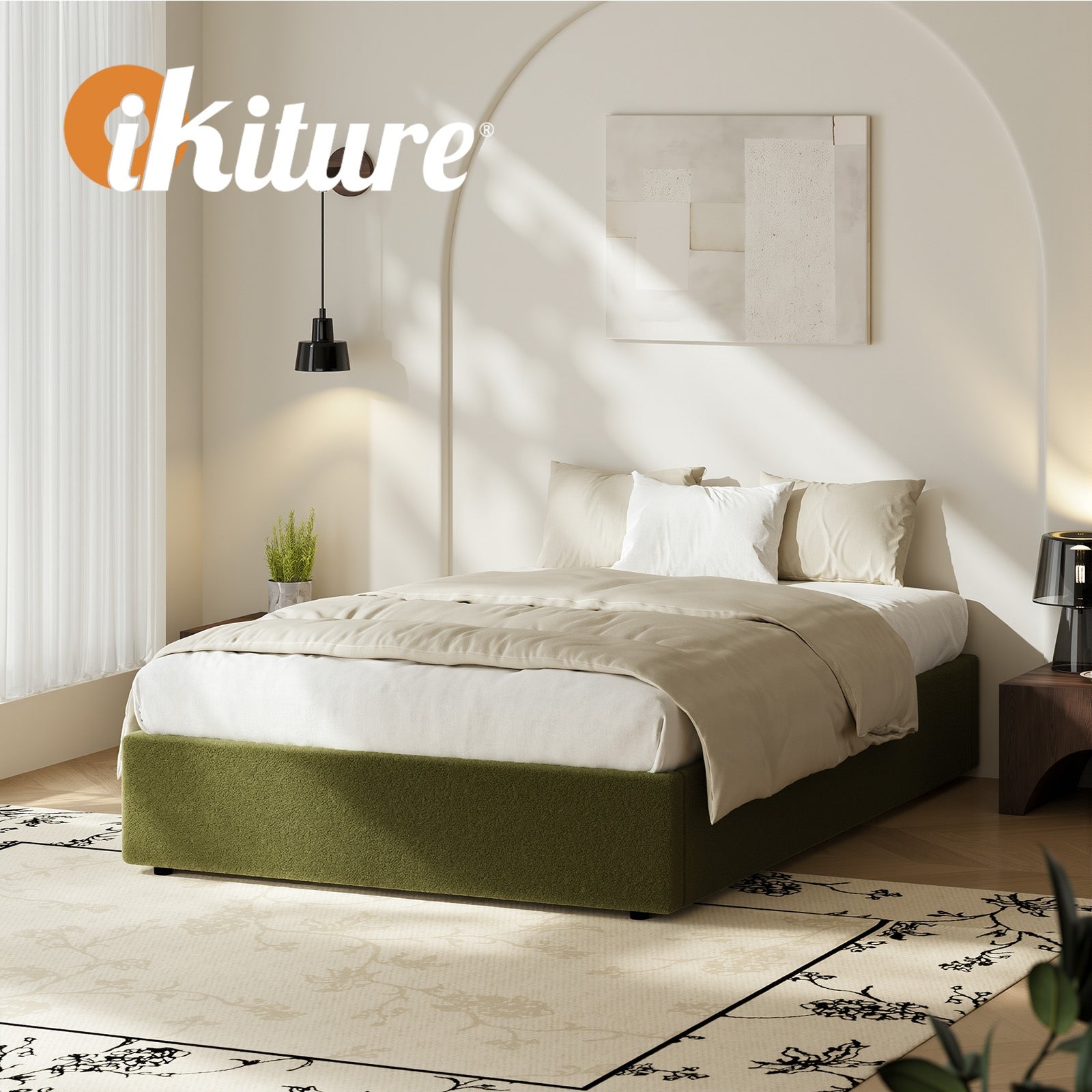 Oikiture Bed Frame King Single Size Gas Lift Base with Storage Boucle Green