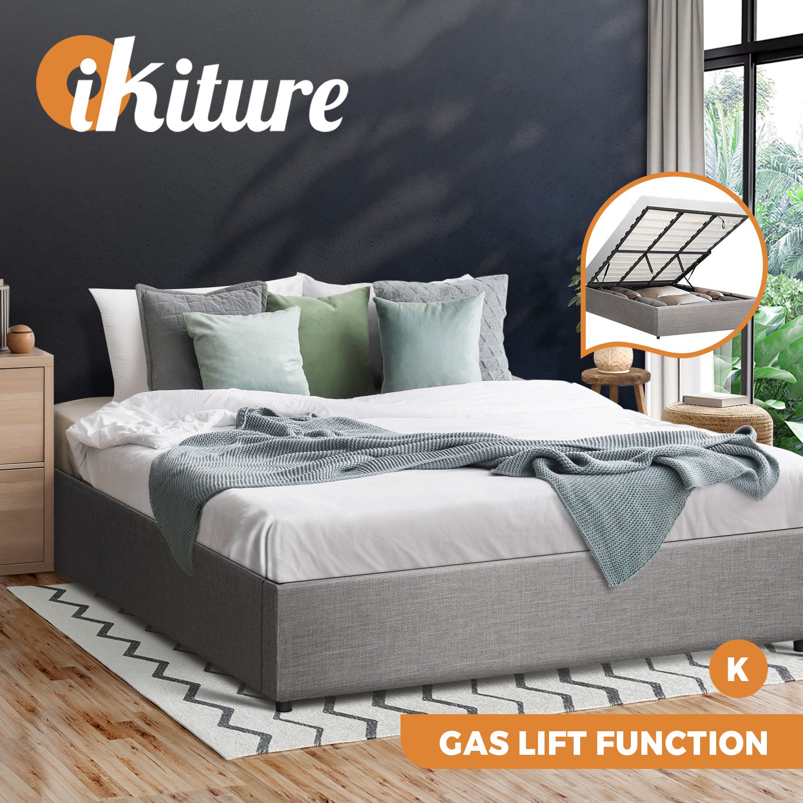 Oikiture Bed Frame Queen Double King Single Gas Lift Base With Storage Platform - Sunyee