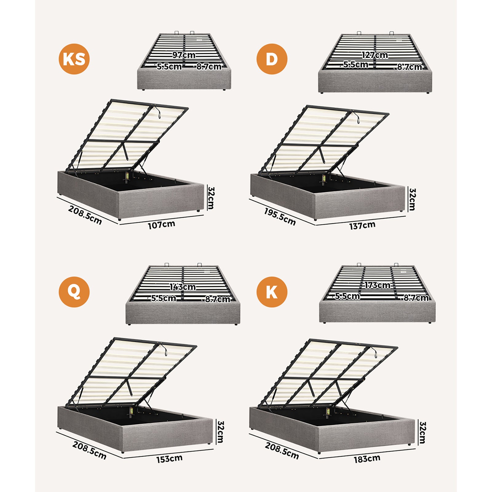 Oikiture Bed Frame Queen Double King Single Gas Lift Base With Storage Platform - Sunyee