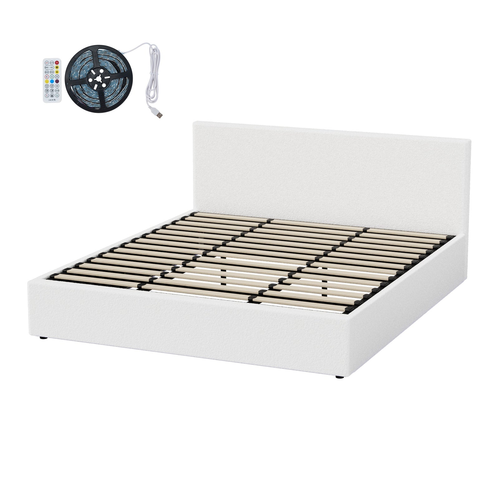 Oikiture Bed Frame King Size Gas Lift Storage Base LED Beds Boucle White