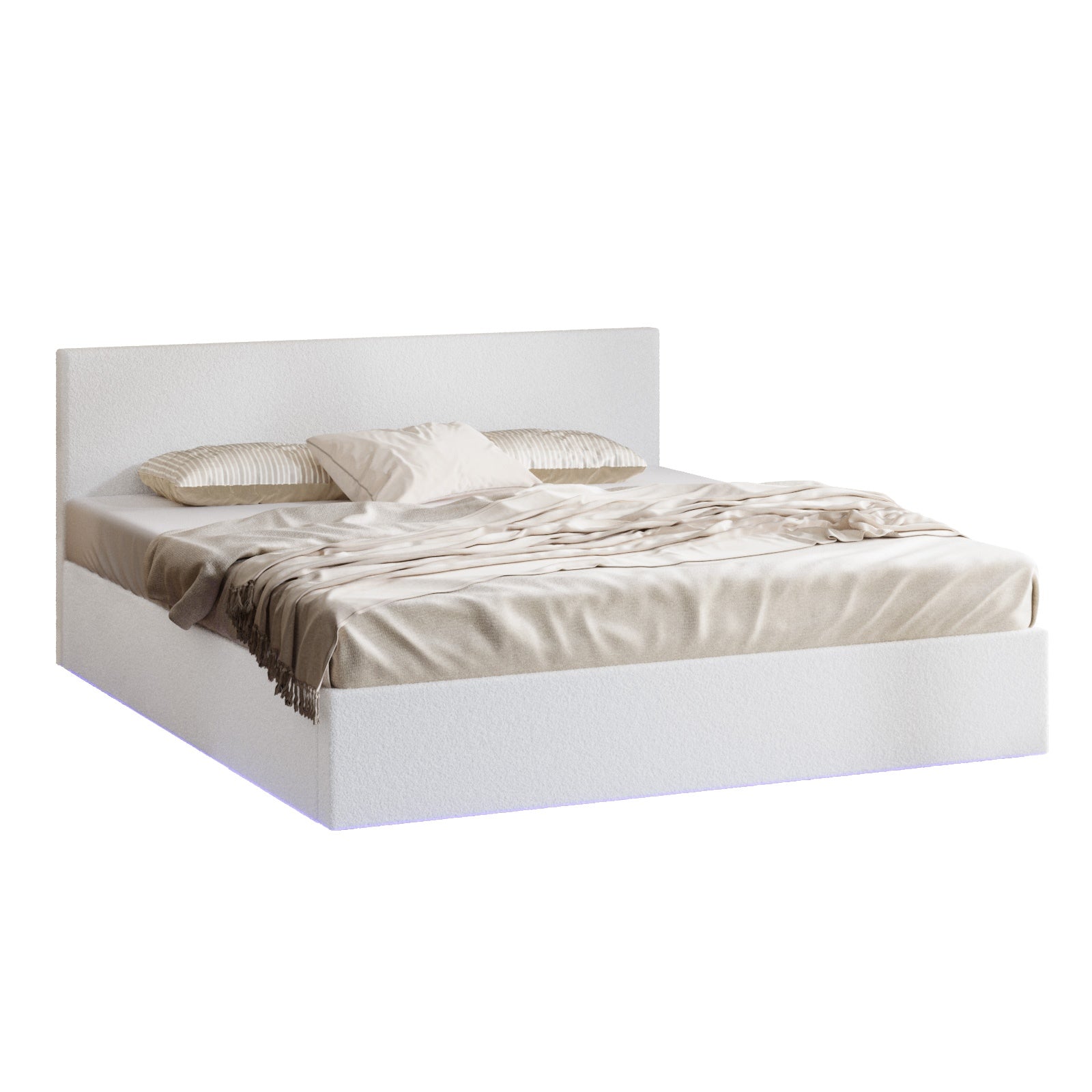 Oikiture Bed Frame King Size Gas Lift Storage Base LED Beds Boucle White