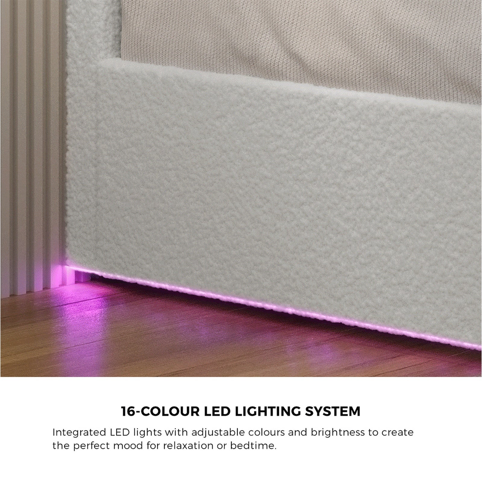 Oikiture Bed Frame King Single Size Gas Lift Storage Base LED Beds Boucle White