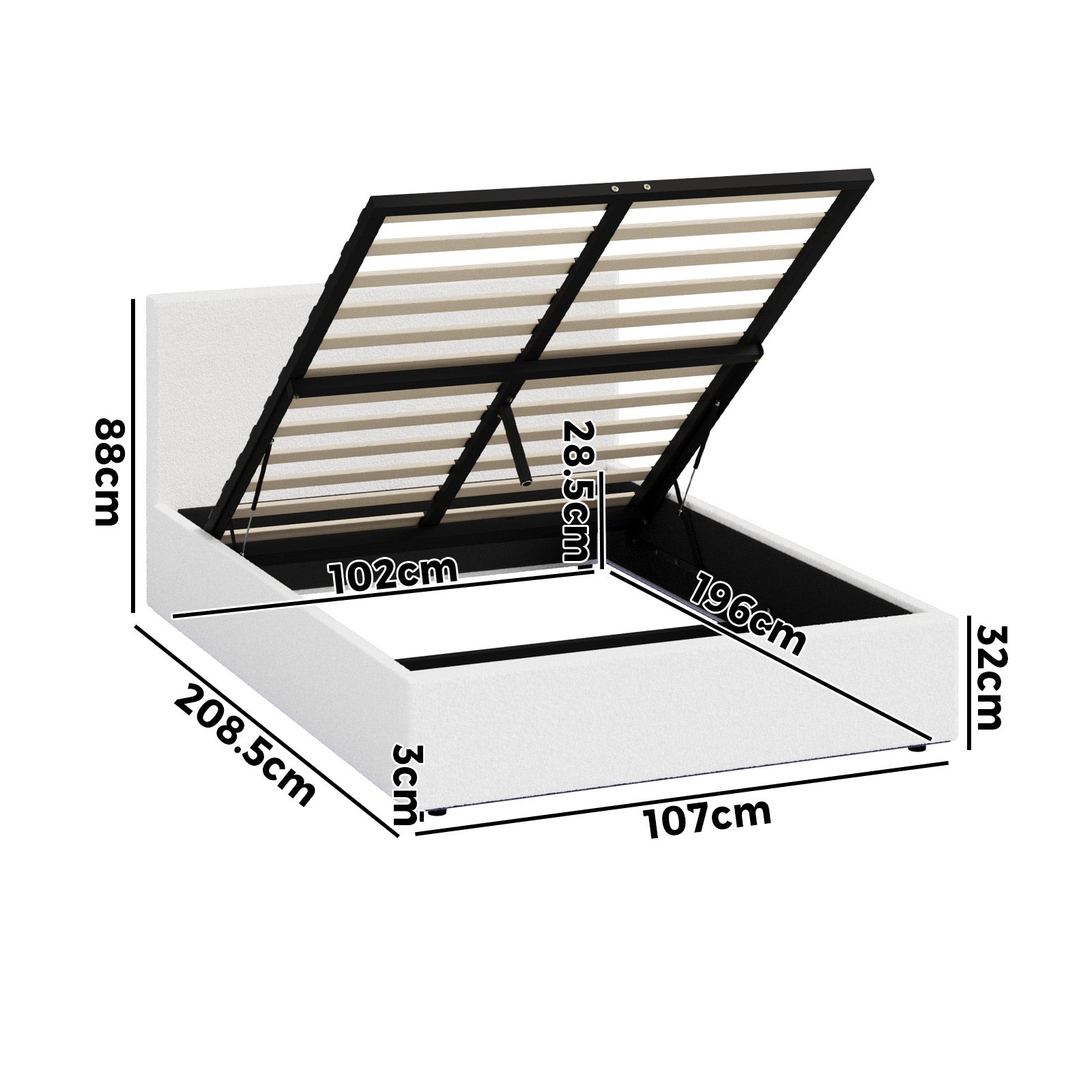 Oikiture Bed Frame King Single Size Gas Lift Storage Base LED Beds Boucle White