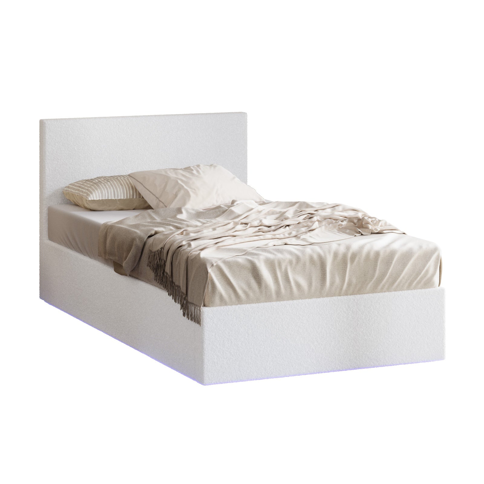 Oikiture Bed Frame King Single Size Gas Lift Storage Base LED Beds Boucle White