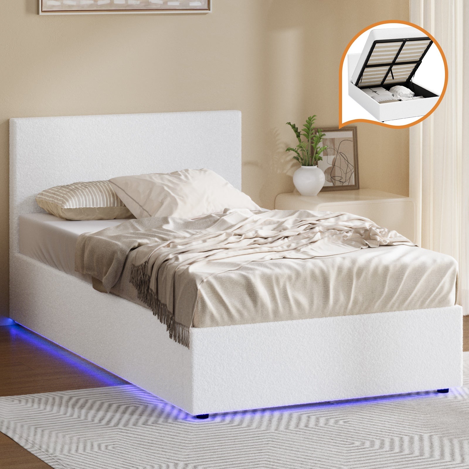 Oikiture Bed Frame King Single Size Gas Lift Storage Base LED Beds Boucle White