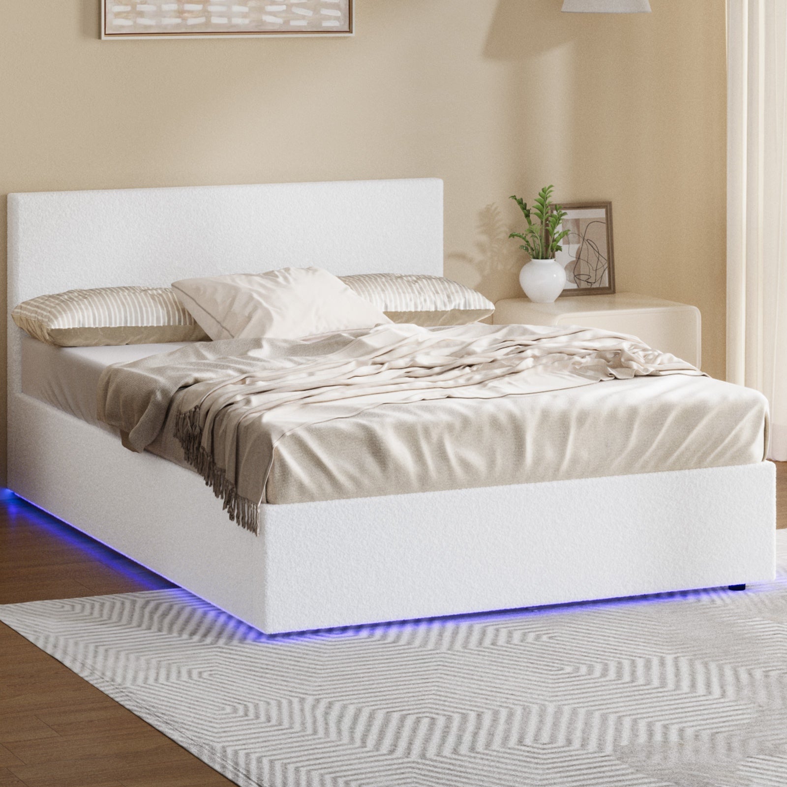 Oikiture Bed Frame Queen Size Gas Lift Storage Base LED Beds Boucle White
