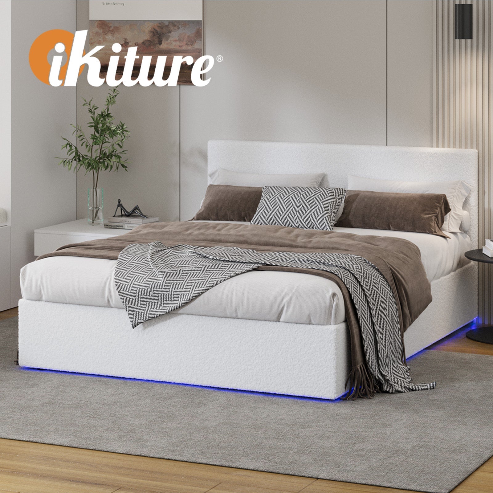 Oikiture Bed Frame Queen Size Gas Lift Storage Base LED Beds Boucle White