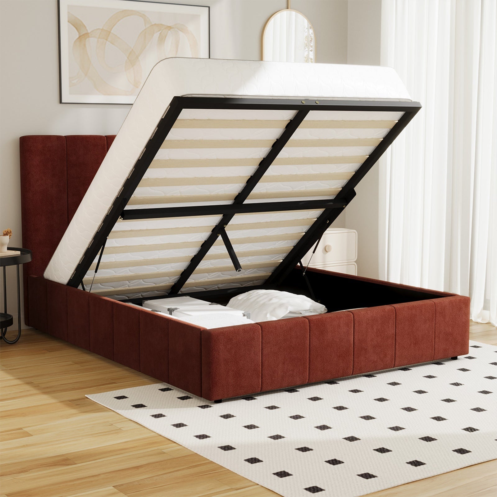 Oikiture Bed Frame Double Size Beds Gas Lift Mattress Base Fluted Headboard Rust