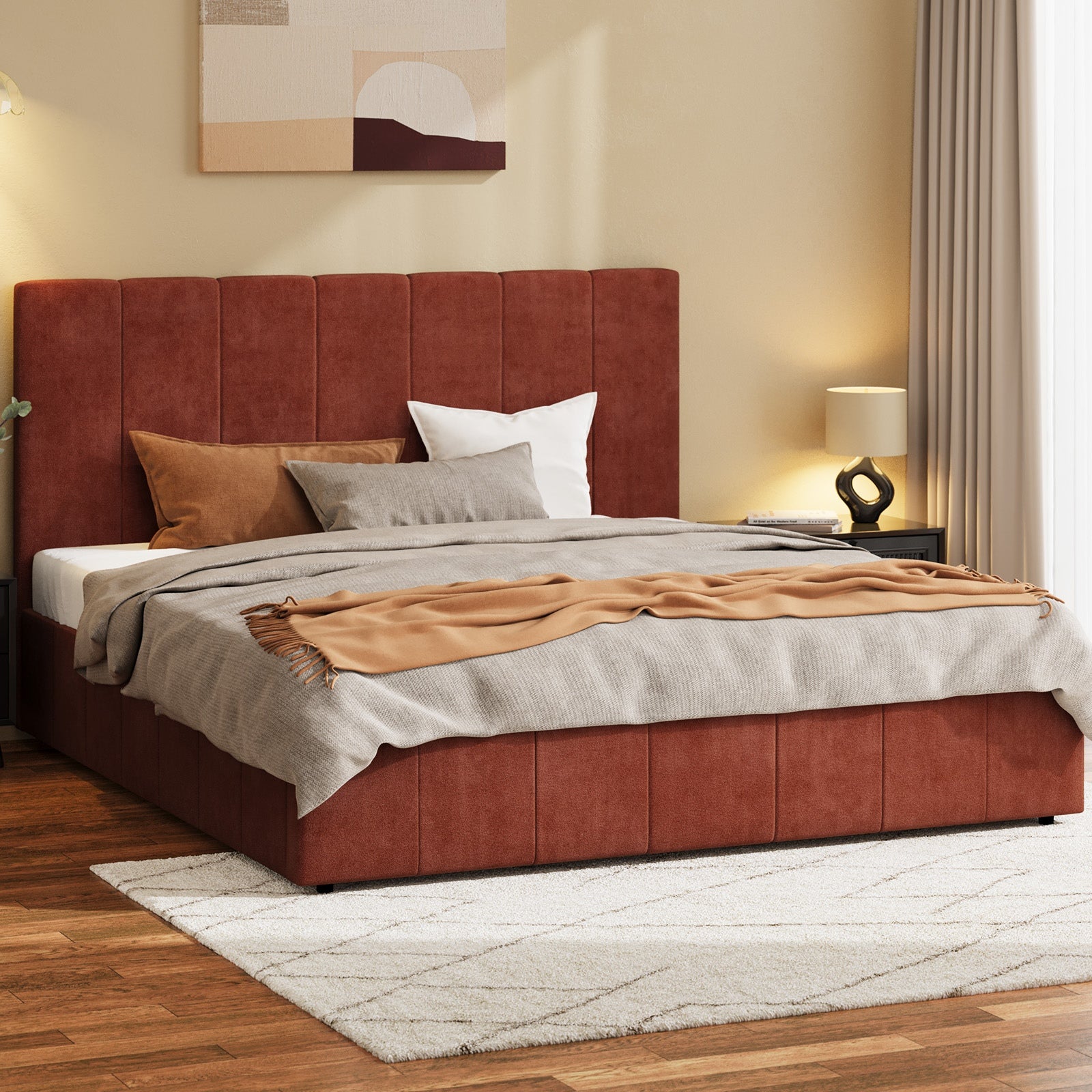 Oikiture Bed Frame King Size Beds Gas Lift Mattress Base Fluted Headboard Rust
