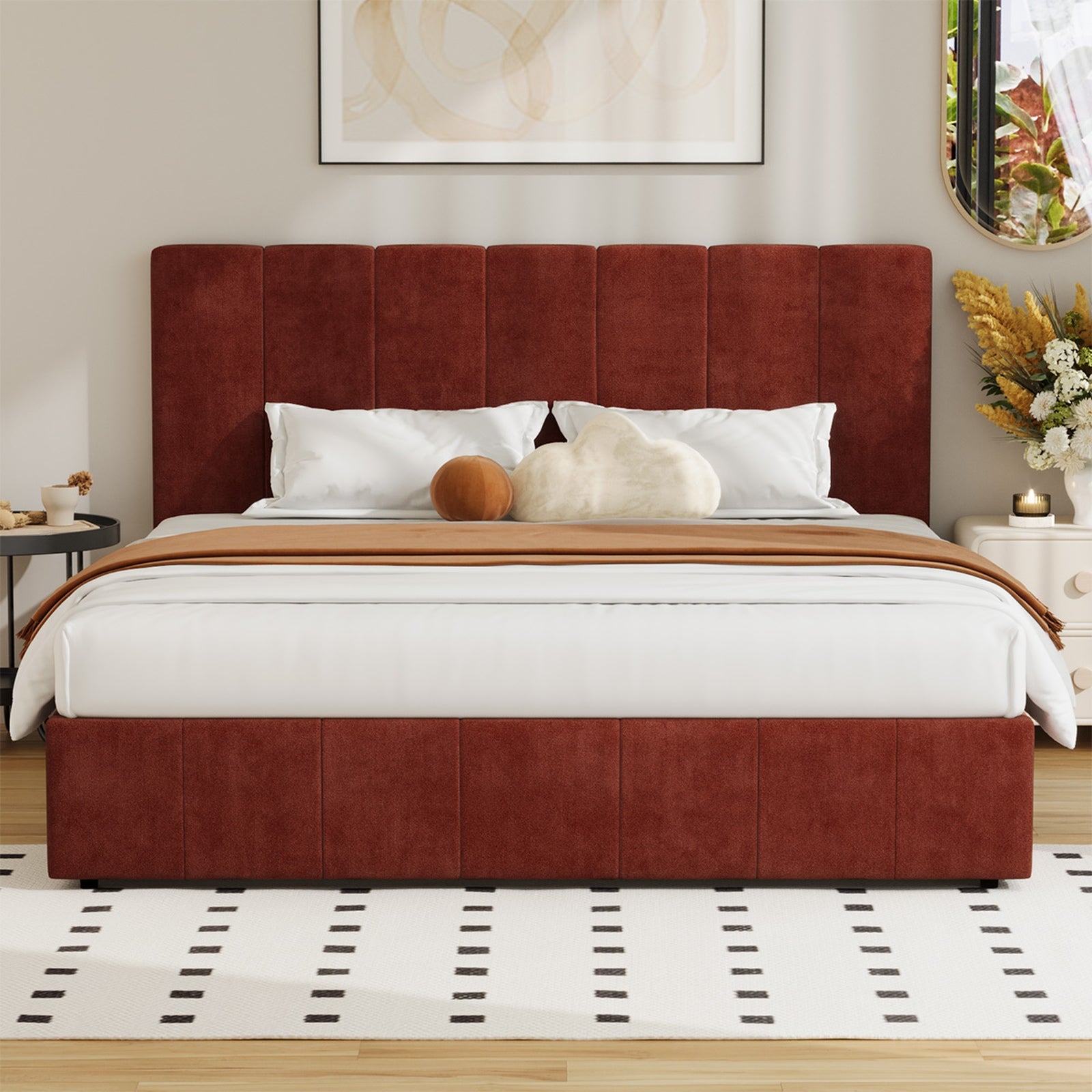 Oikiture Bed Frame King Size Beds Gas Lift Mattress Base Fluted Headboard Rust