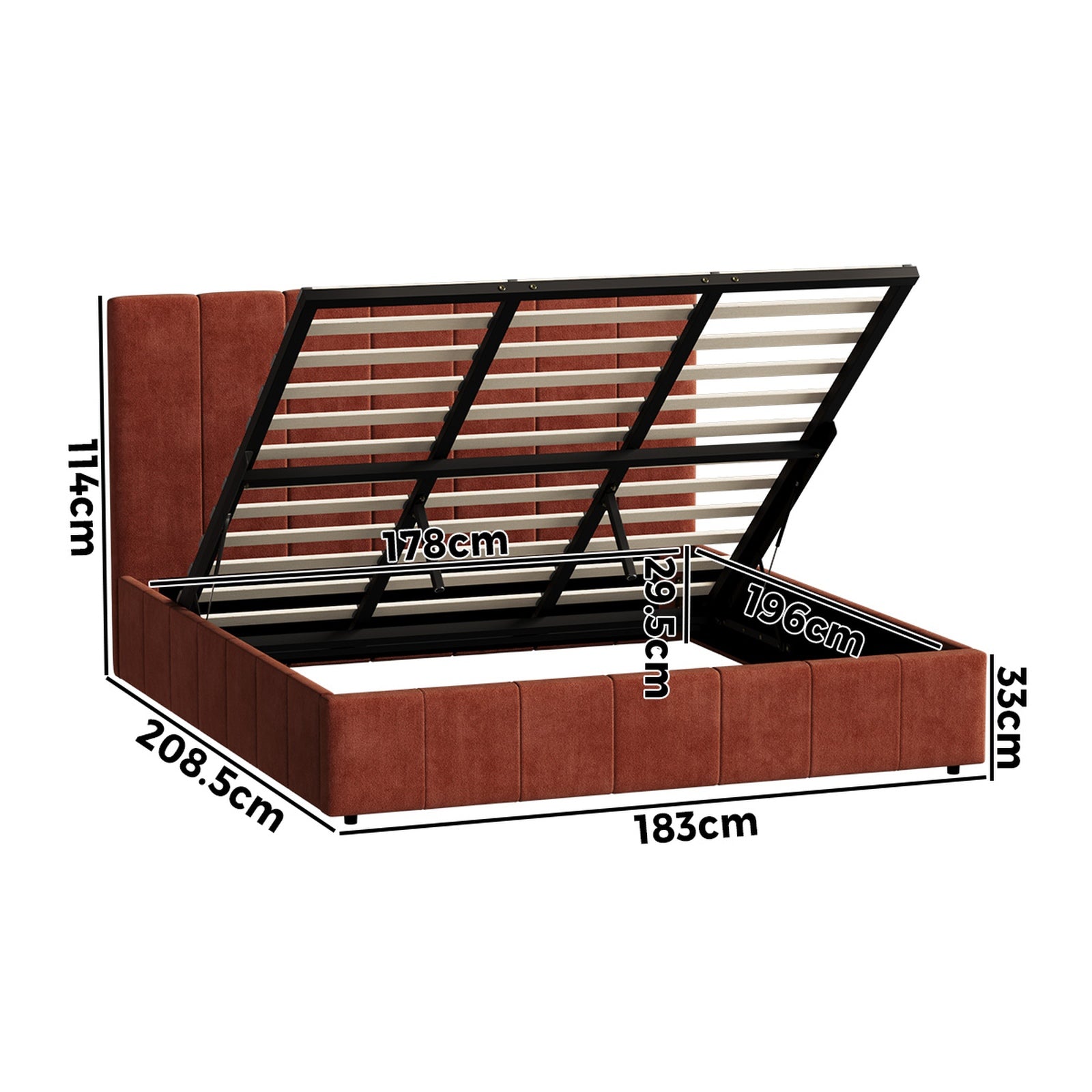 Oikiture Bed Frame King Size Beds Gas Lift Mattress Base Fluted Headboard Rust