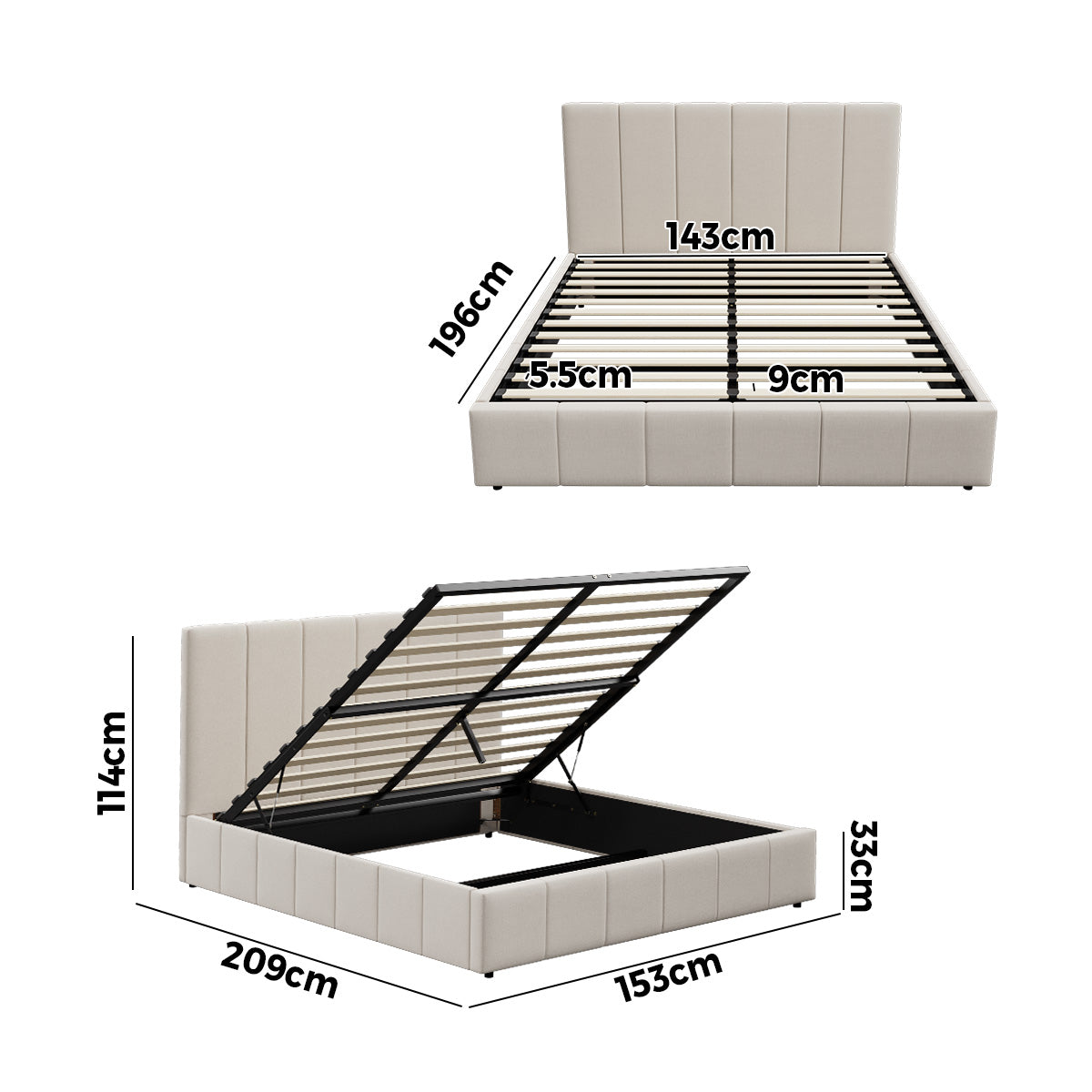 Oikiture Bed Frame Queen Size Beds Gas Lift Storage Base VISH - Sunyee
