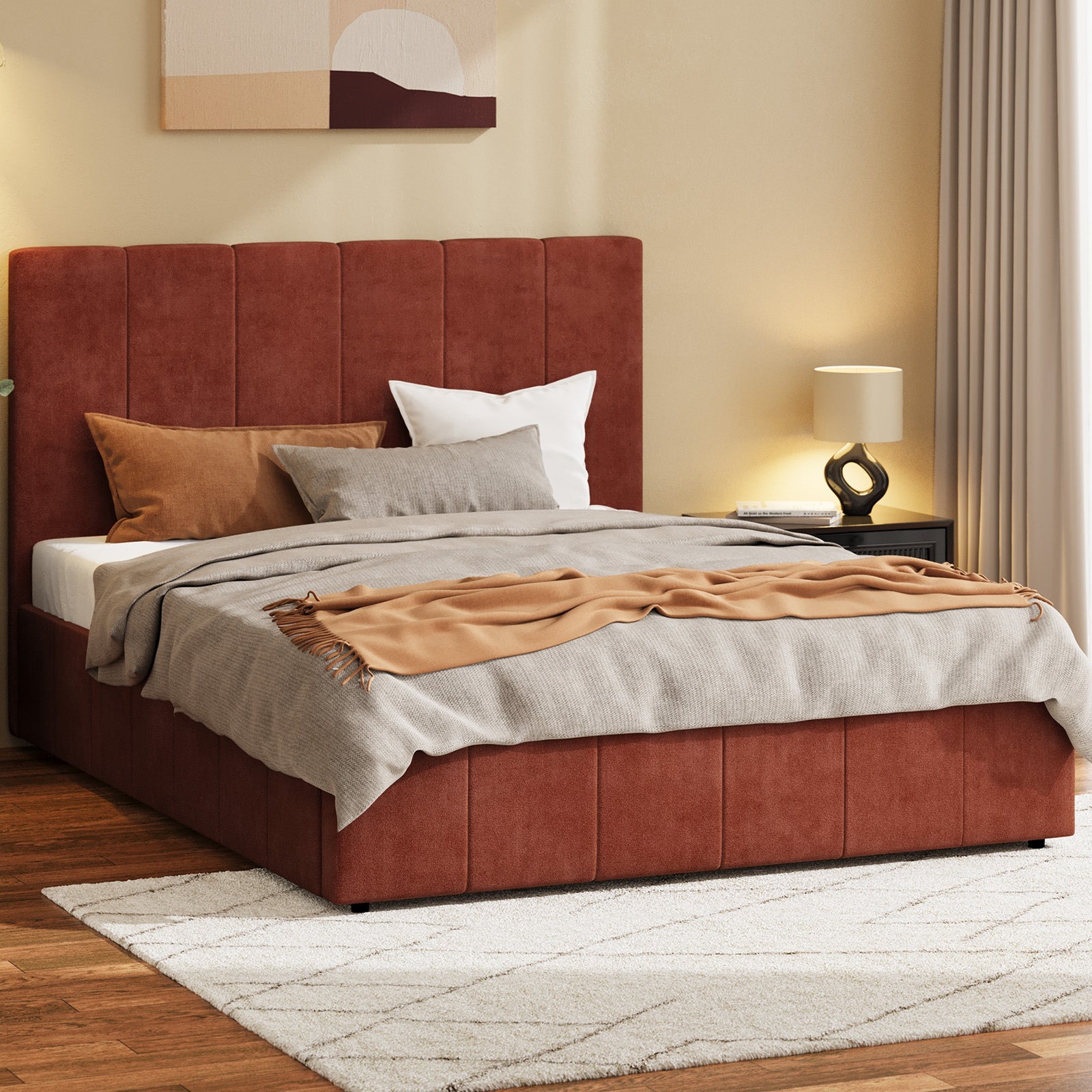 Oikiture Bed Frame Queen Size Beds Gas Lift Mattress Base Fluted Headboard Rust