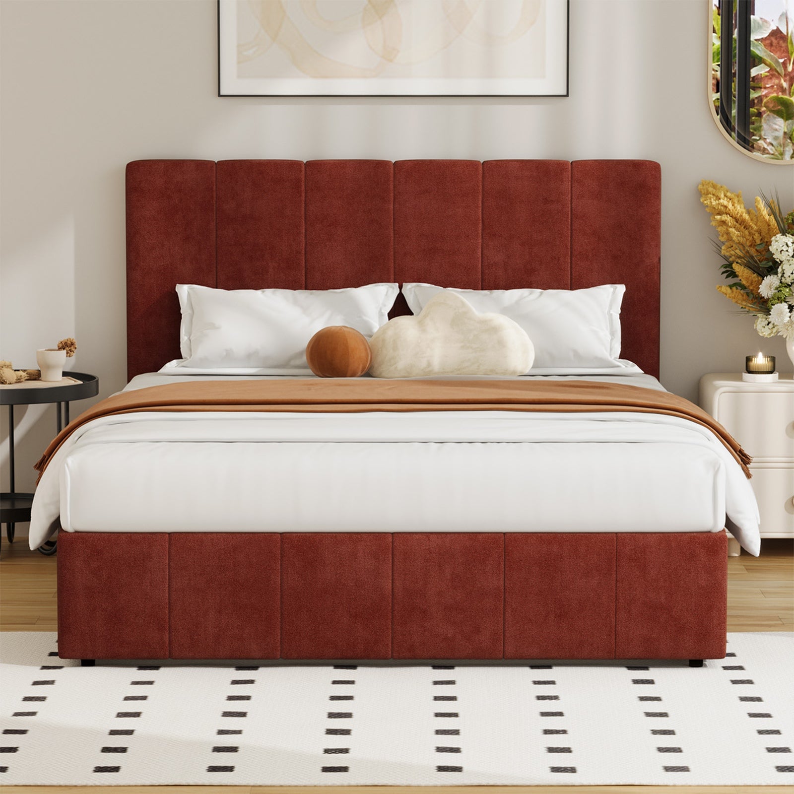 Oikiture Bed Frame Queen Size Beds Gas Lift Mattress Base Fluted Headboard Rust