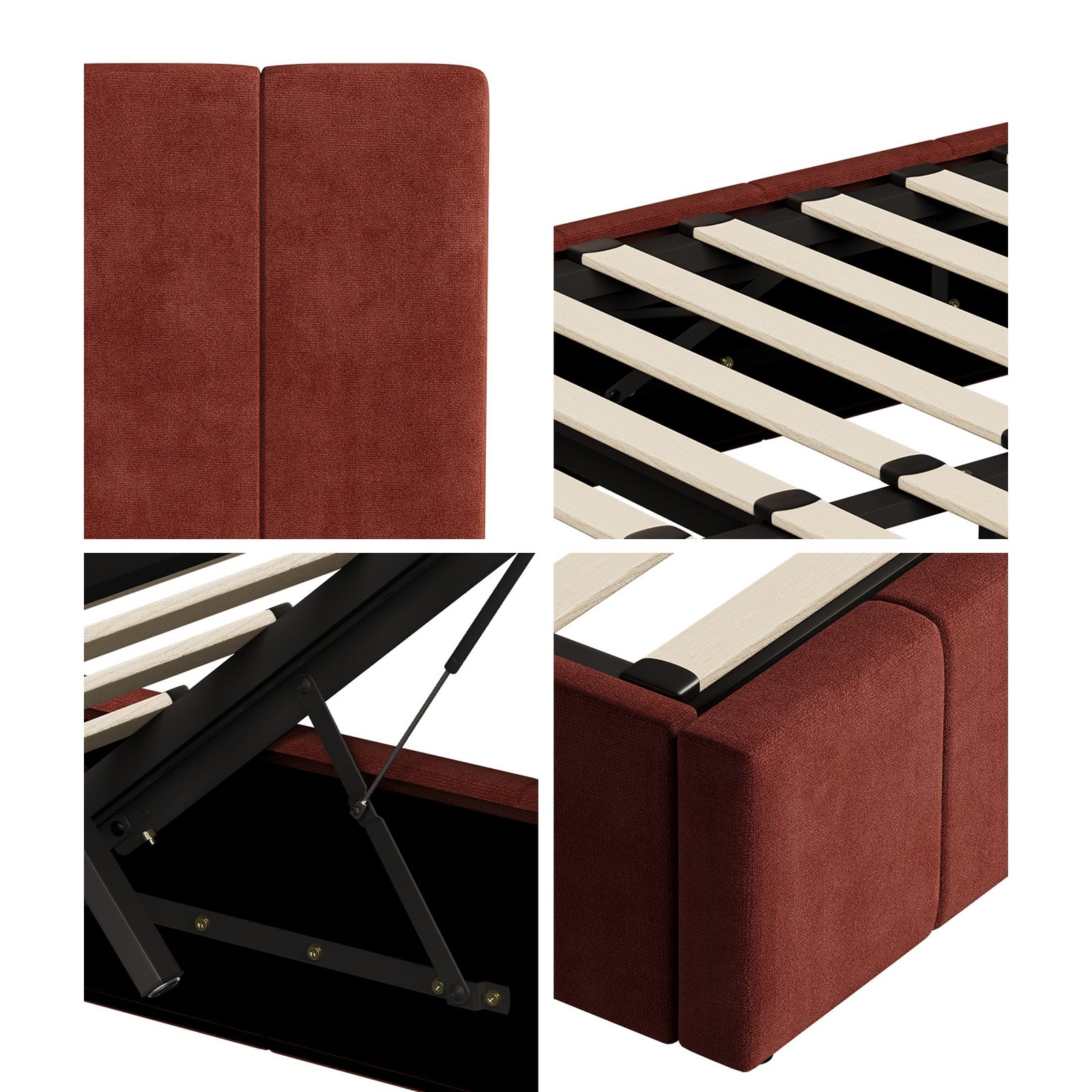 Oikiture Bed Frame Queen Size Beds Gas Lift Mattress Base Fluted Headboard Rust