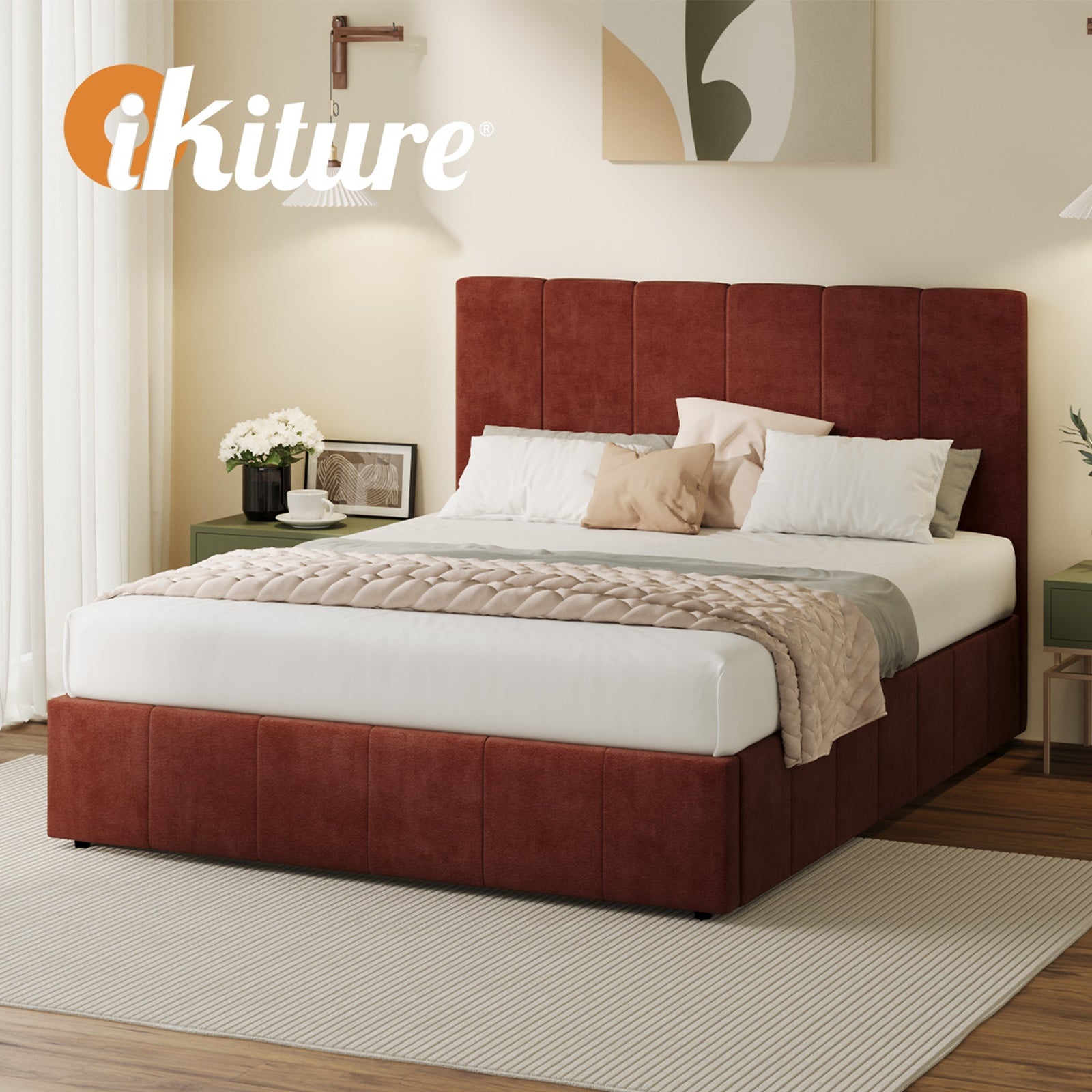 Oikiture Bed Frame Queen Size Beds Gas Lift Mattress Base Fluted Headboard Rust