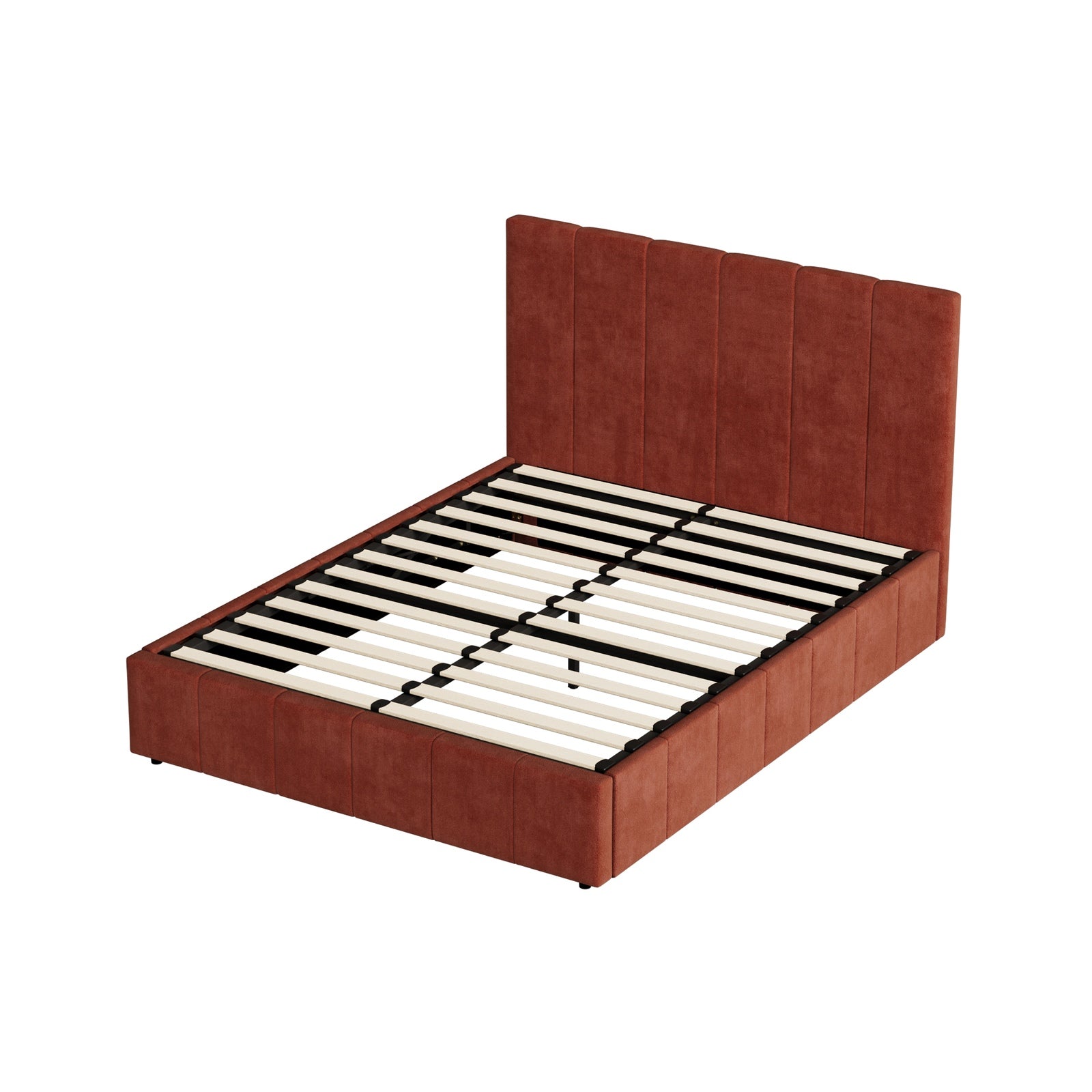 Oikiture Bed Frame Queen Size Beds Gas Lift Mattress Base Fluted Headboard Rust