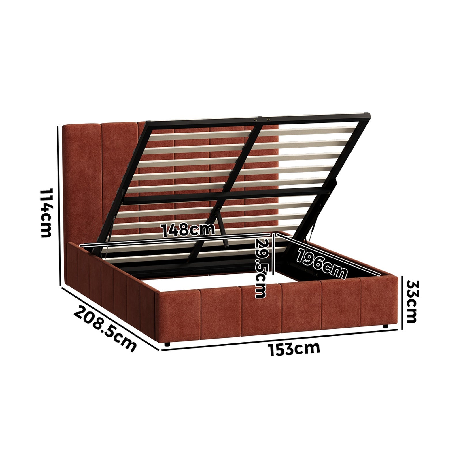 Oikiture Bed Frame Queen Size Beds Gas Lift Mattress Base Fluted Headboard Rust