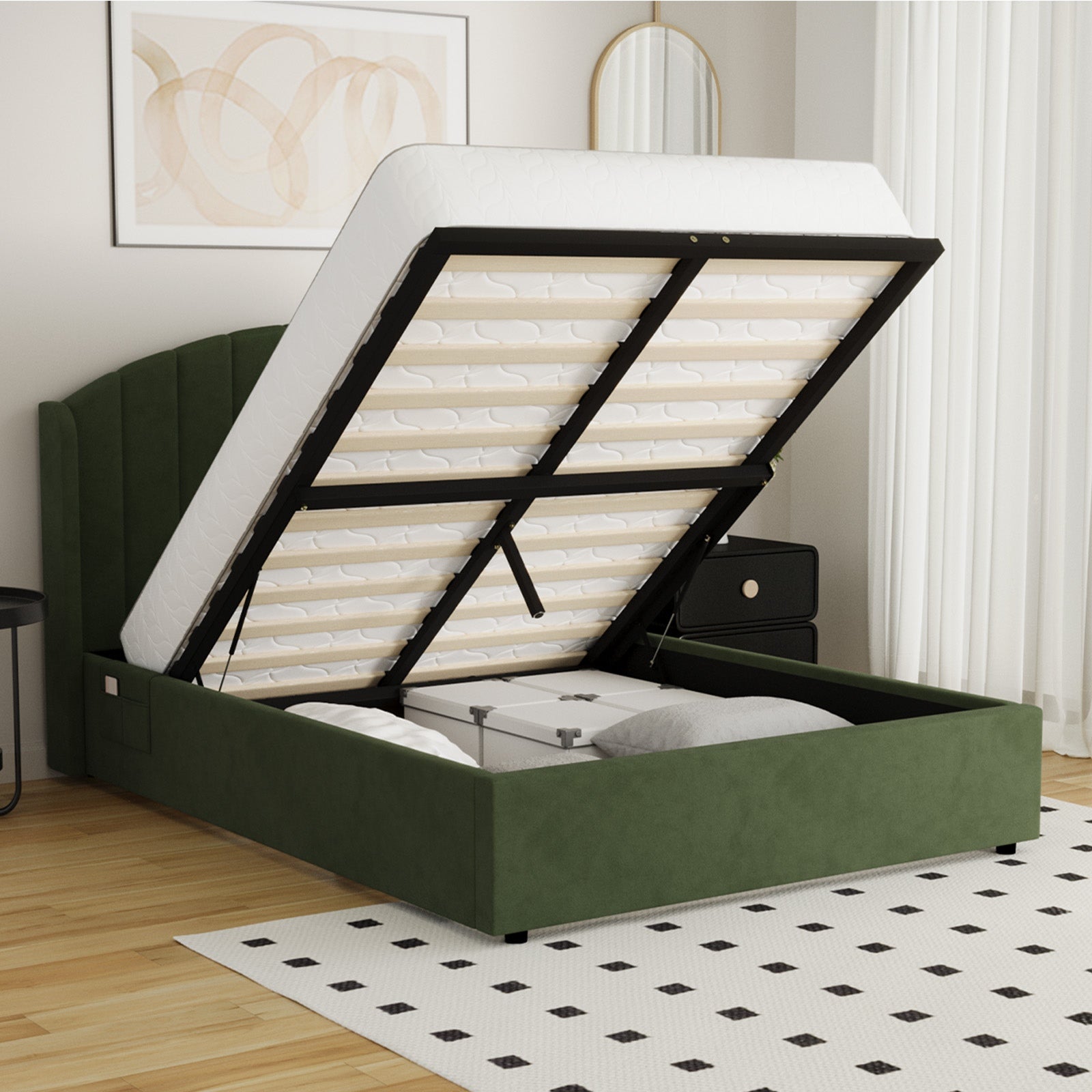 Oikiture Bed Frame Double Size With Gas Lift Storage USB Charging Velvet - Sunyee