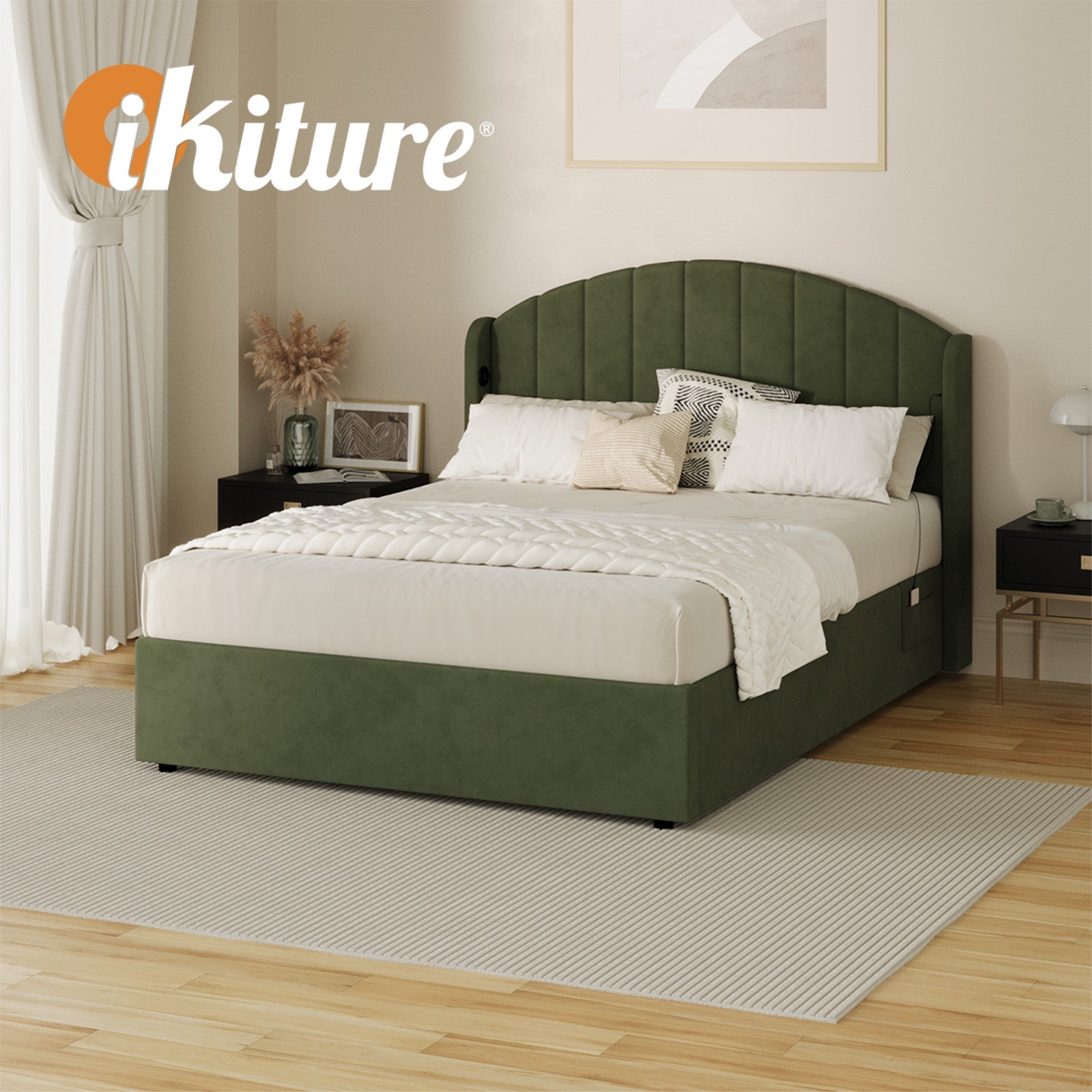 Oikiture Bed Frame Double Size With Gas Lift Storage USB Charging Velvet - Sunyee