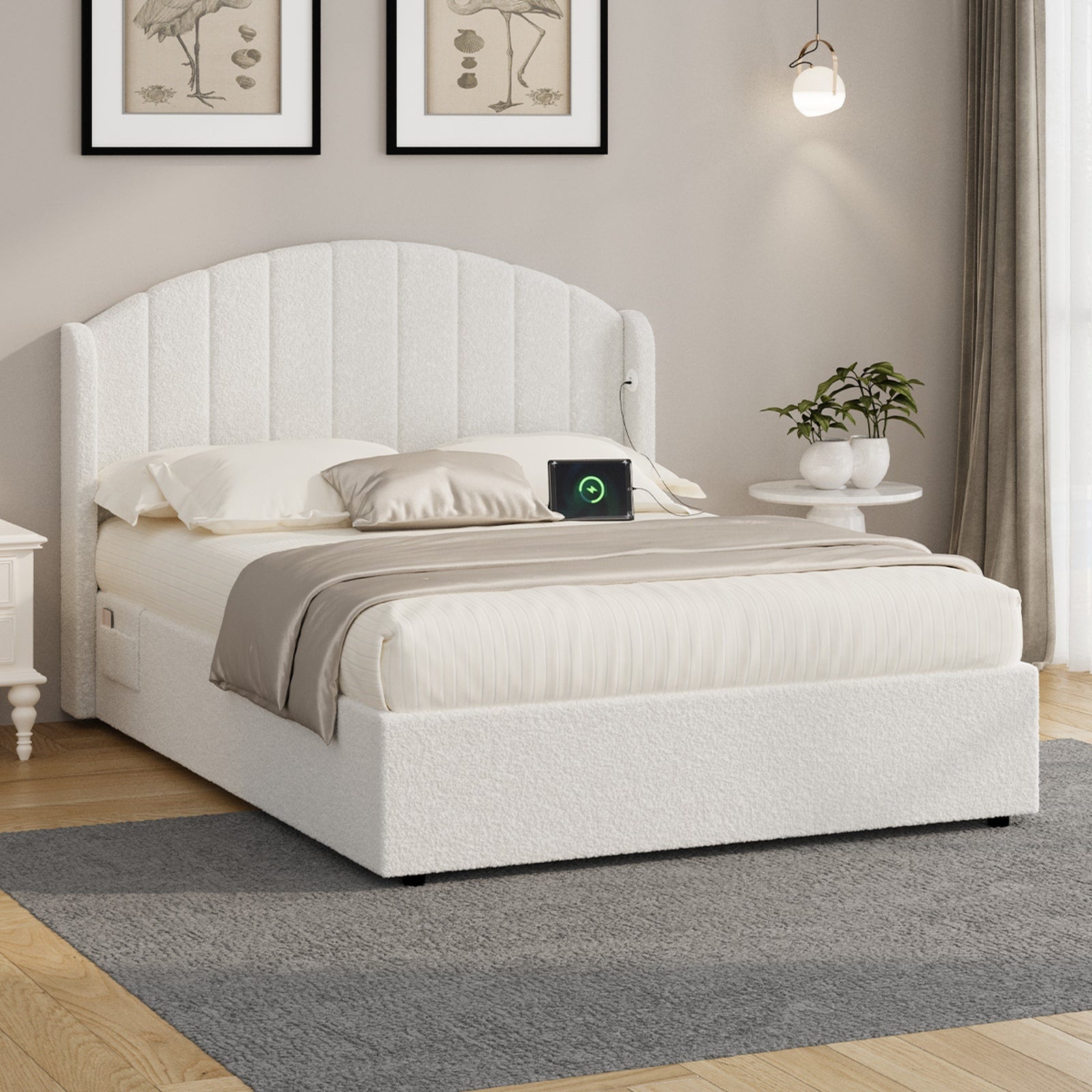 Oikiture Bed Frame Queen Double King Single With Gas Lift Base USB Charge Boucle - Sunyee