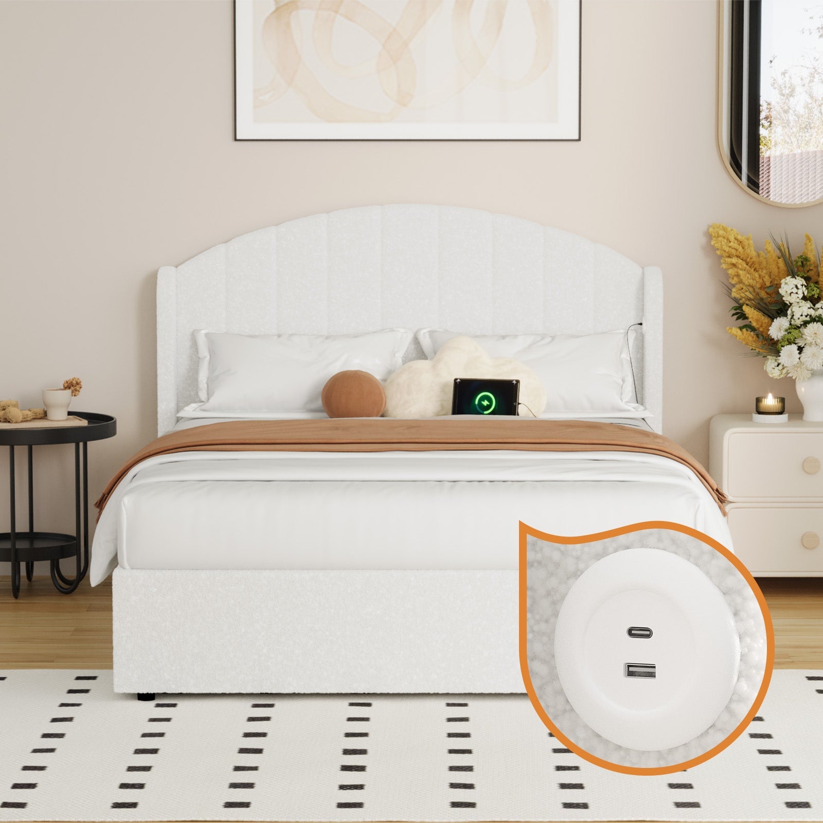 Oikiture Bed Frame Double Size With Gas Lift Storage USB Charging Boucle - Sunyee