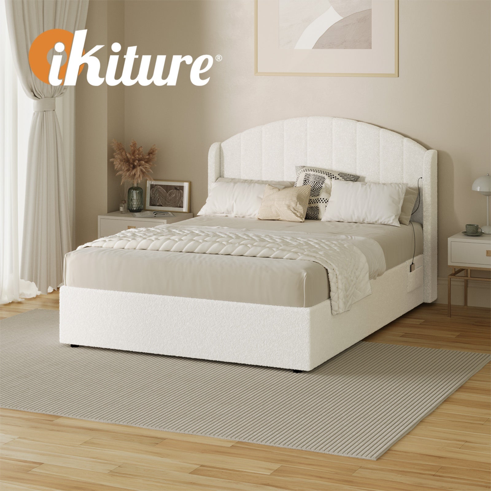 Oikiture Bed Frame Double Size With Gas Lift Storage USB Charging Boucle - Sunyee