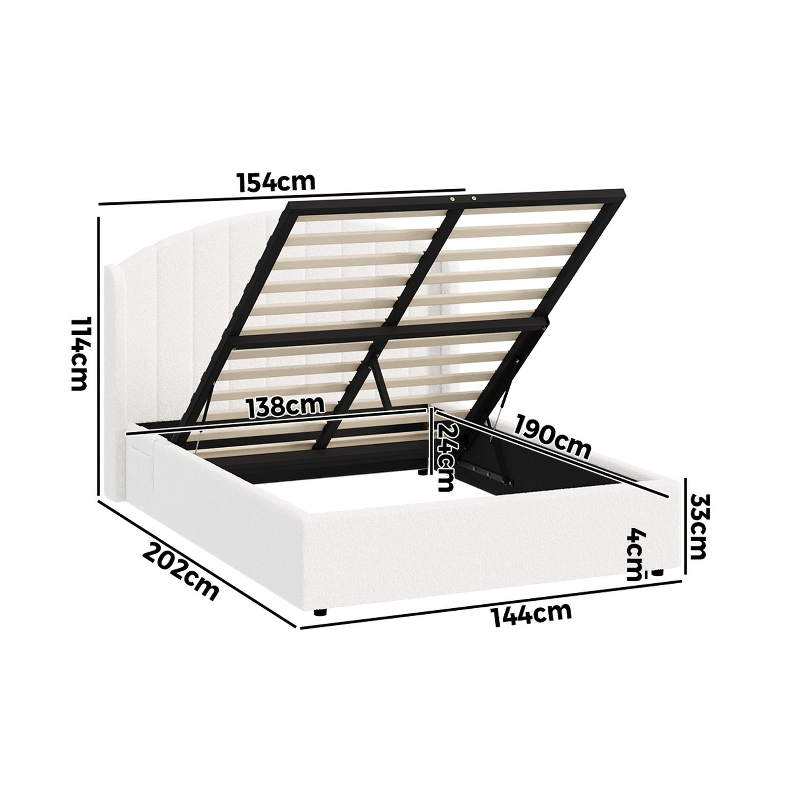 Oikiture Bed Frame Double Size With Gas Lift Storage USB Charging Boucle - Sunyee