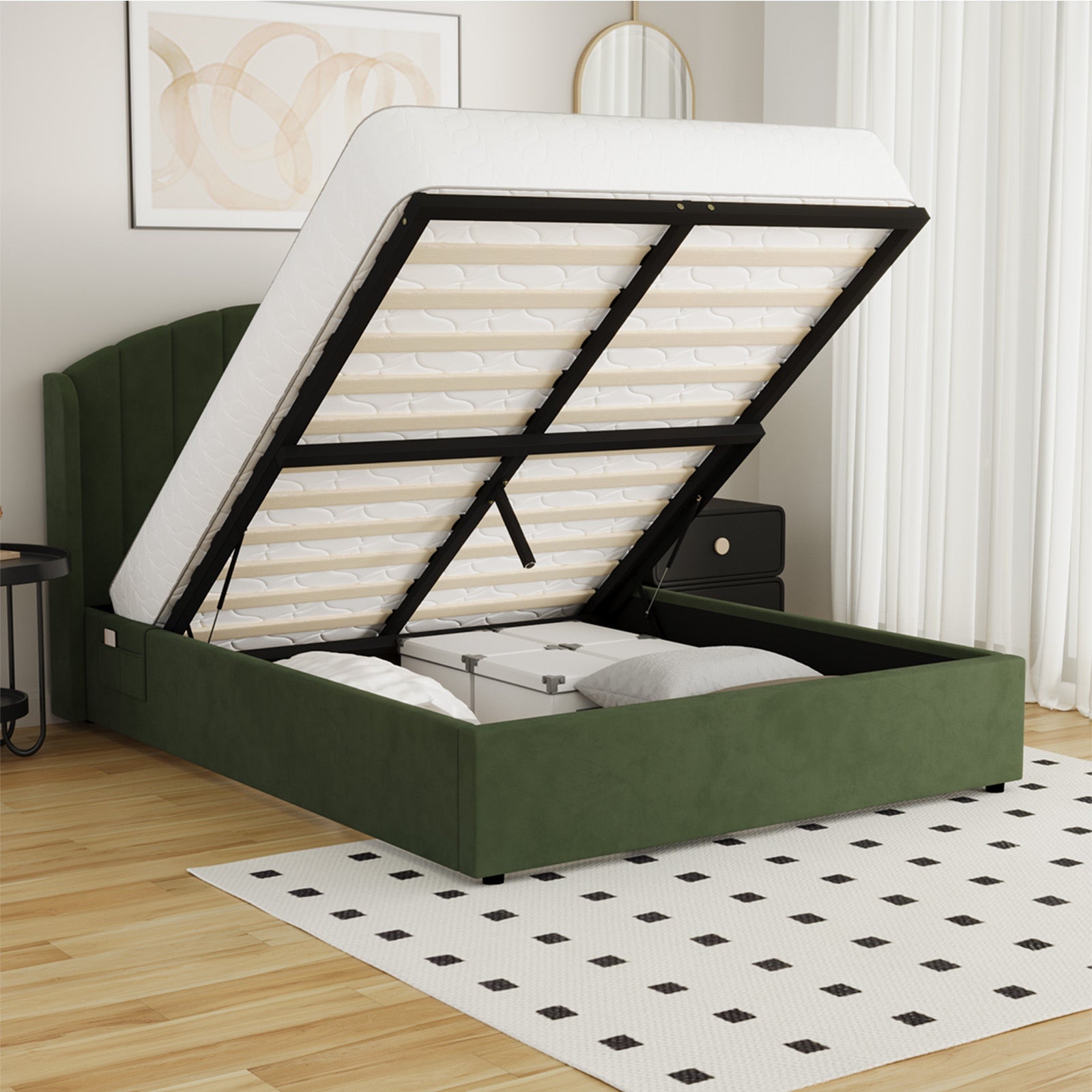 Oikiture Bed Frame Queen Double King Single With Gas Lift Base USB Charge Velvet - Sunyee