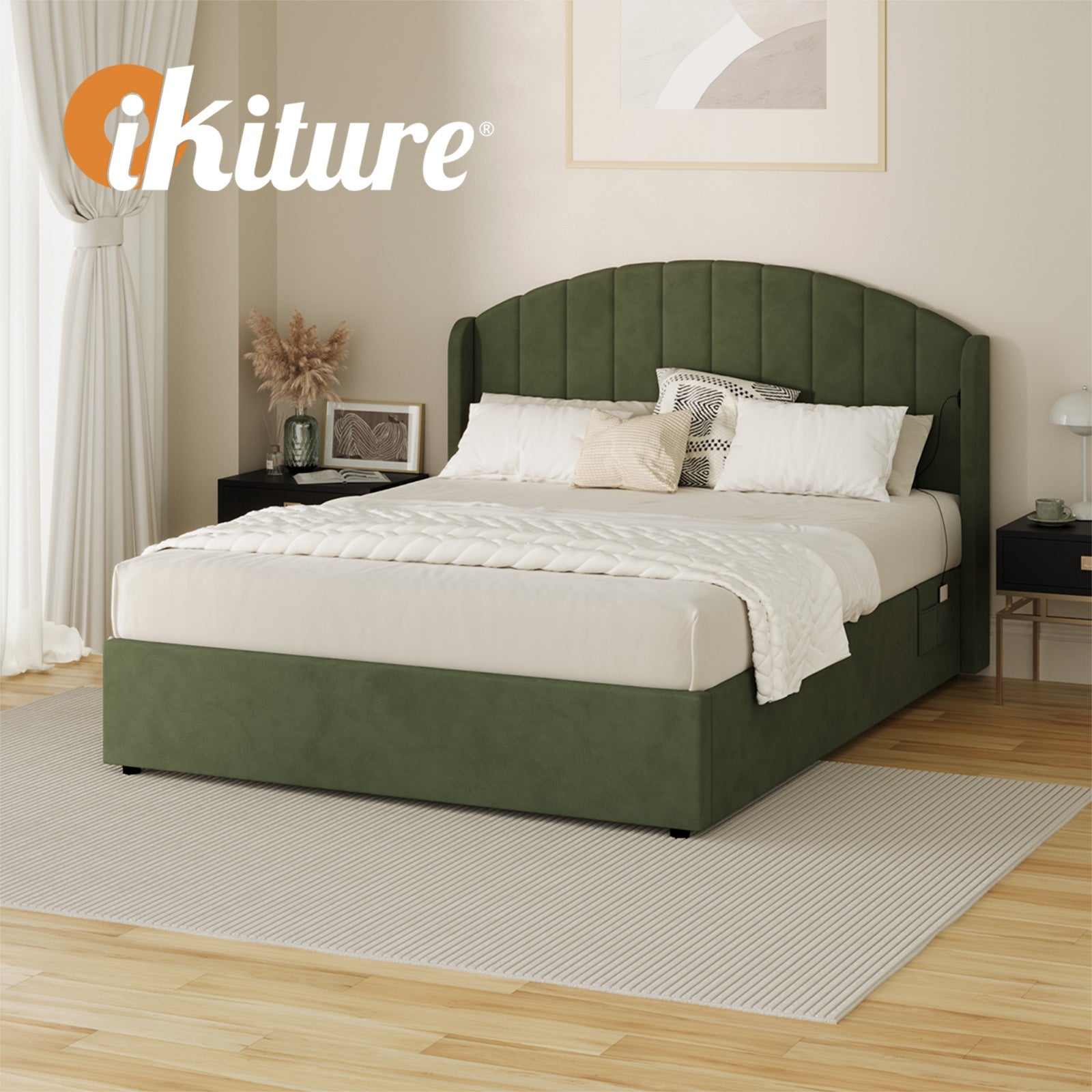 Oikiture Bed Frame Queen Double King Single With Gas Lift Base USB Charge Velvet - Sunyee