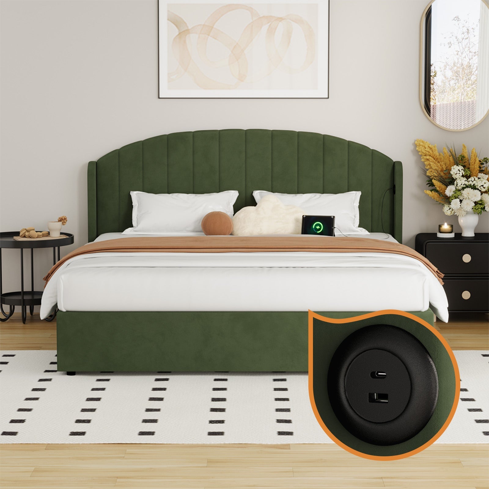 Oikiture Bed Frame King Size With Gas Lift Storage USB Charging Velvet - Sunyee