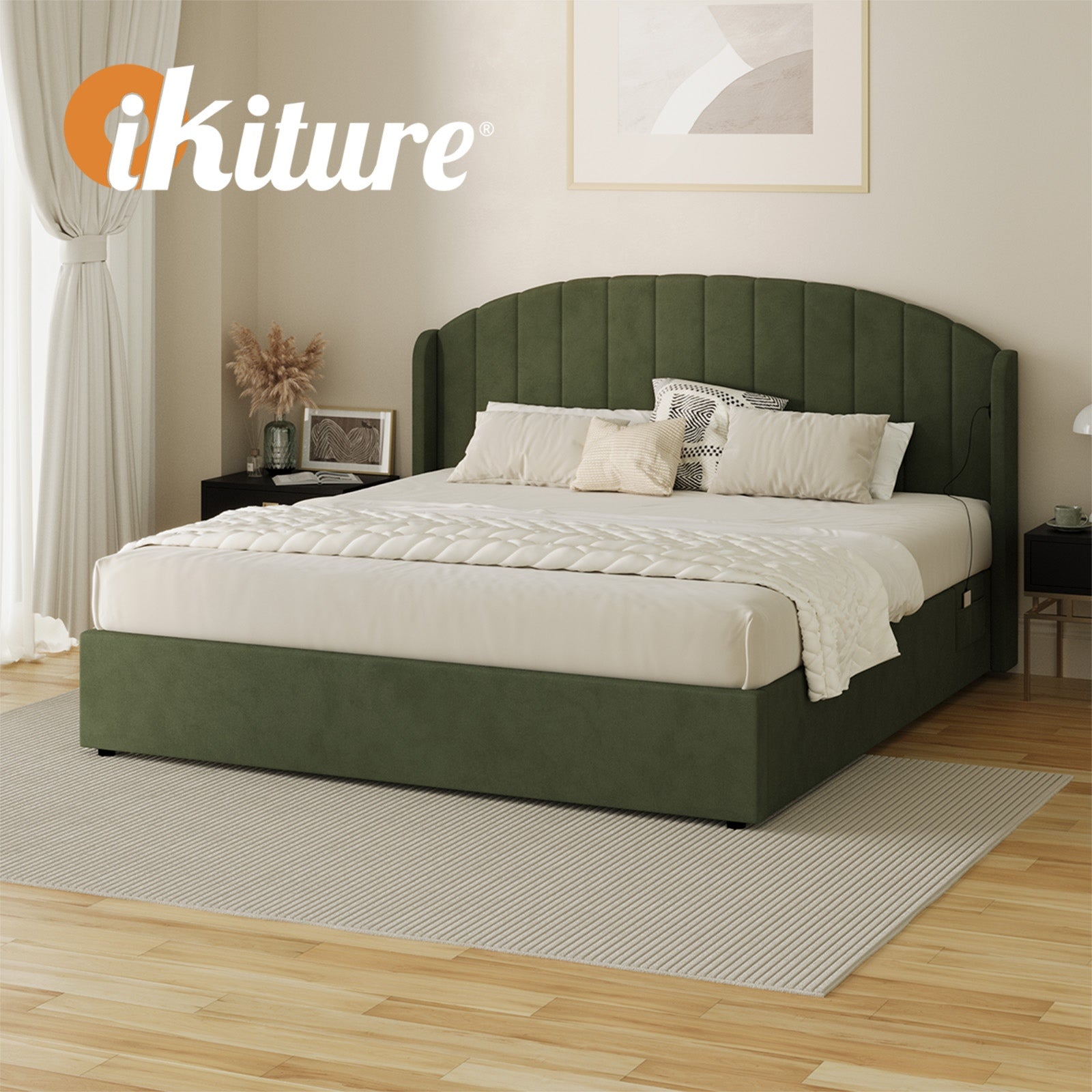 Oikiture Bed Frame King Size With Gas Lift Storage USB Charging Velvet - Sunyee