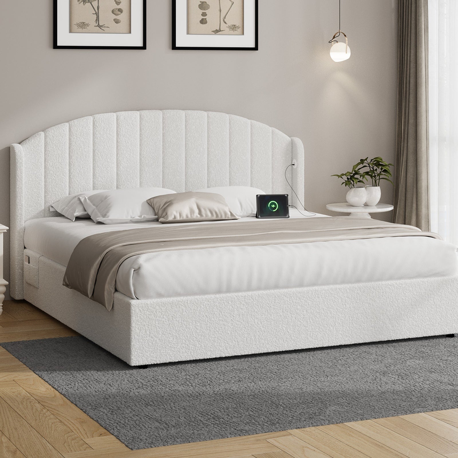 Oikiture Bed Frame King Size With Gas Lift Storage USB Charging Boucle - Sunyee